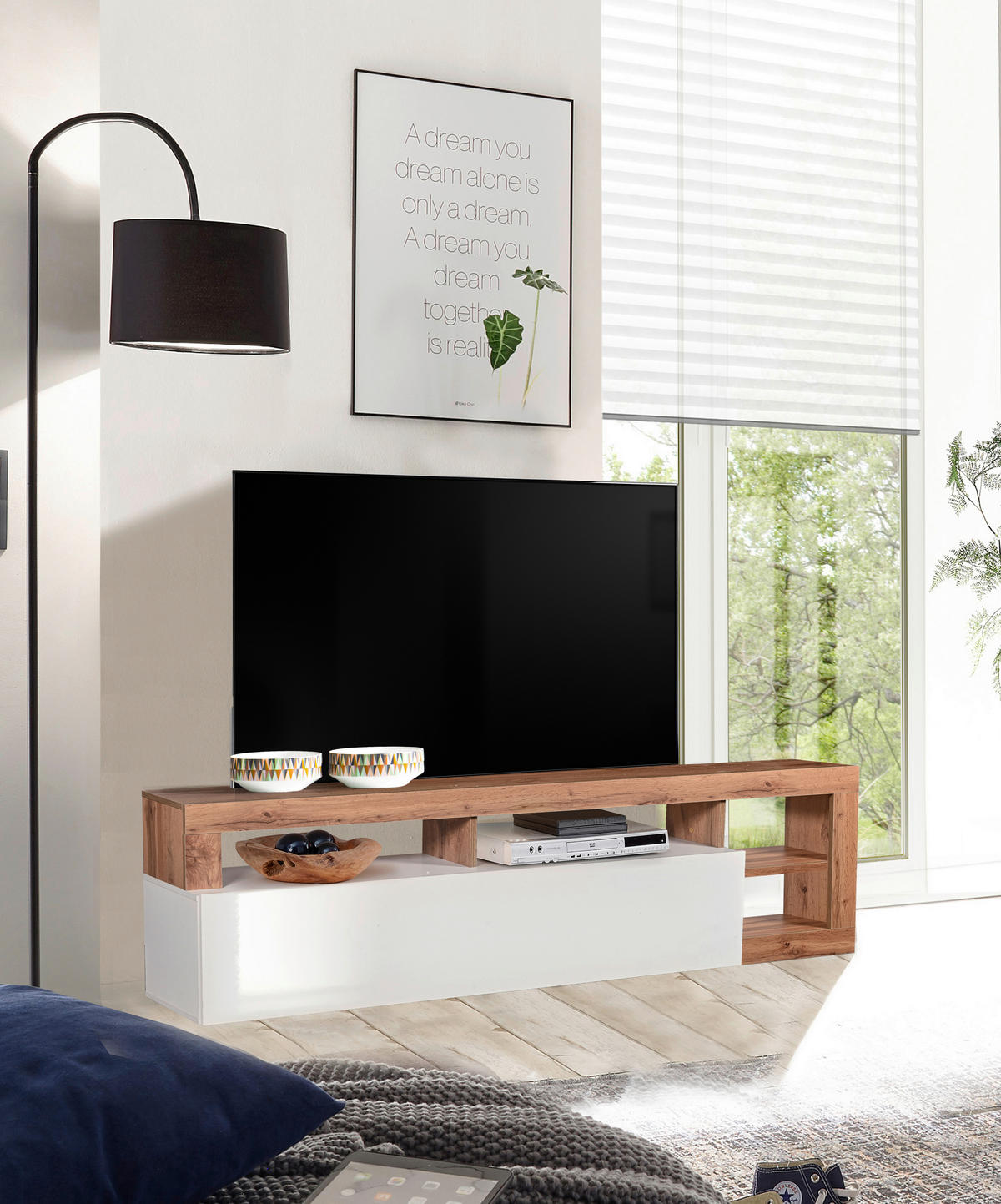 TV ELEMENT hrast Wotan, bijela visoki sjaj   - bijela visoki sjaj/hrast Wotan, Basics, drvni materijal (185/58/42cm) - Ti'me