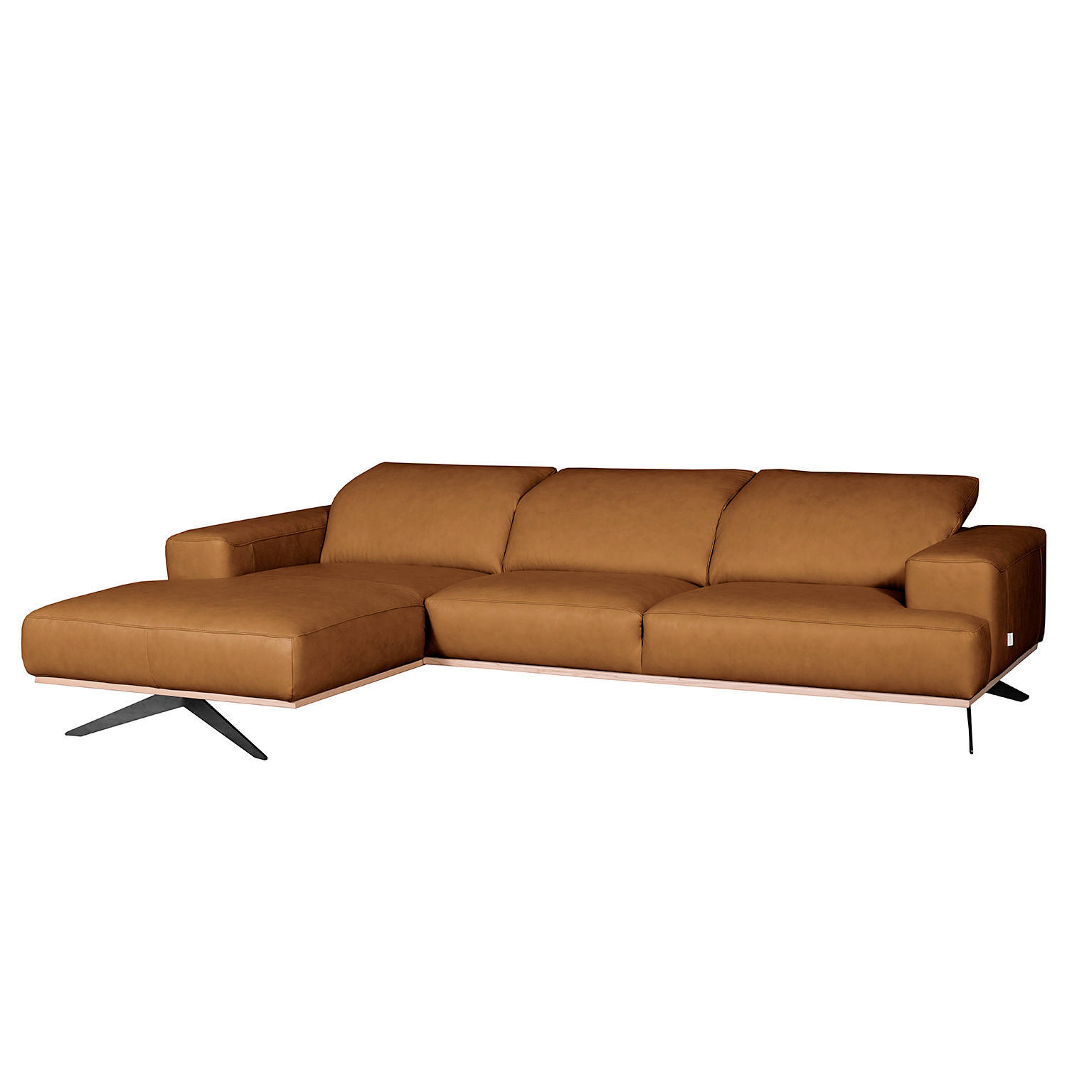 ECKSOFA Cognac Echtleder Rücken echt, Kopfteilverstellung  - Cognac/Schwarz, Design, Leder/Metall (187/295cm) - Livetastic