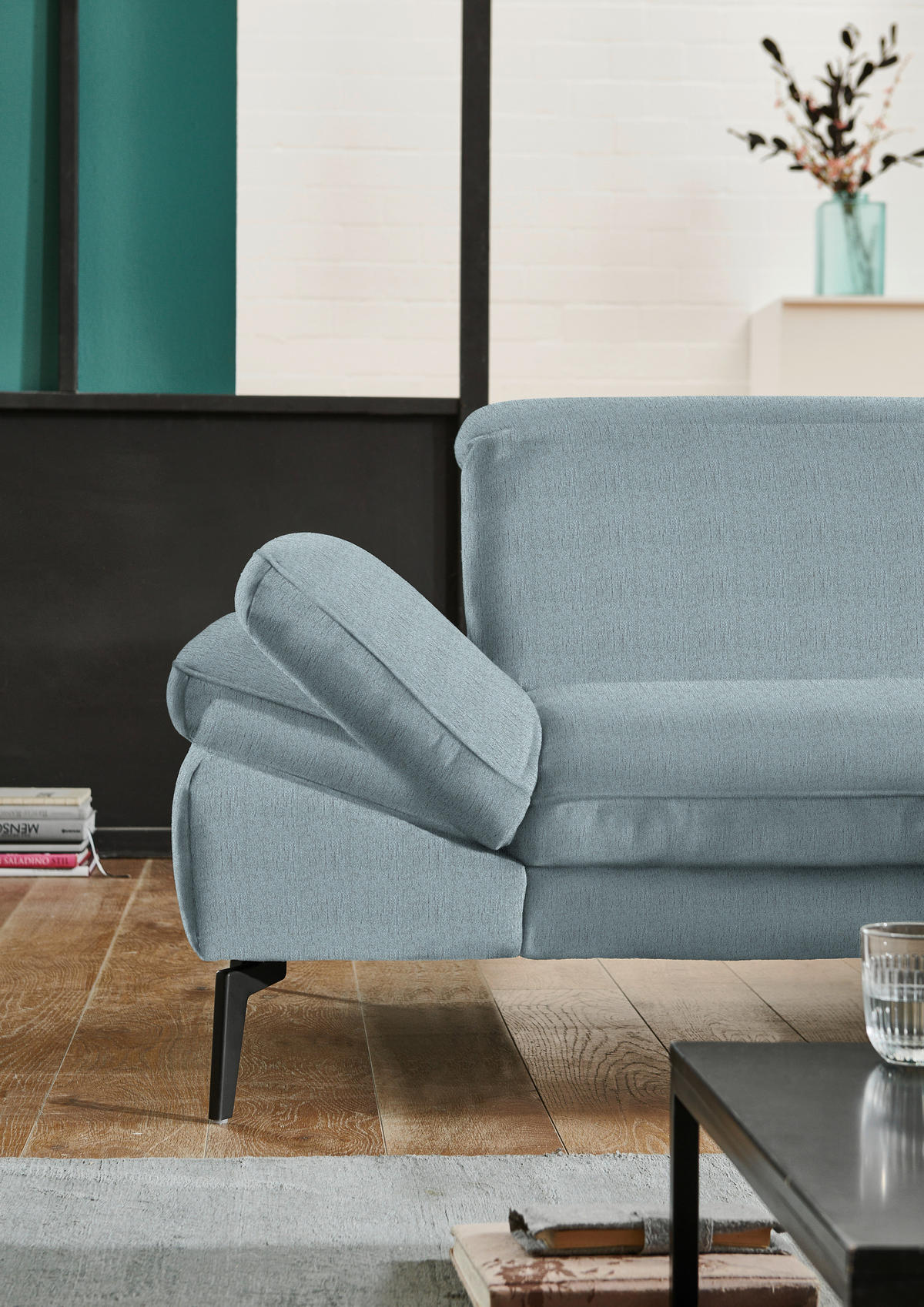 ECKSOFA in Chenille Pastellblau  - Pastellblau/Schwarz, Design, Textil/Metall (319/188cm) - Beldomo System