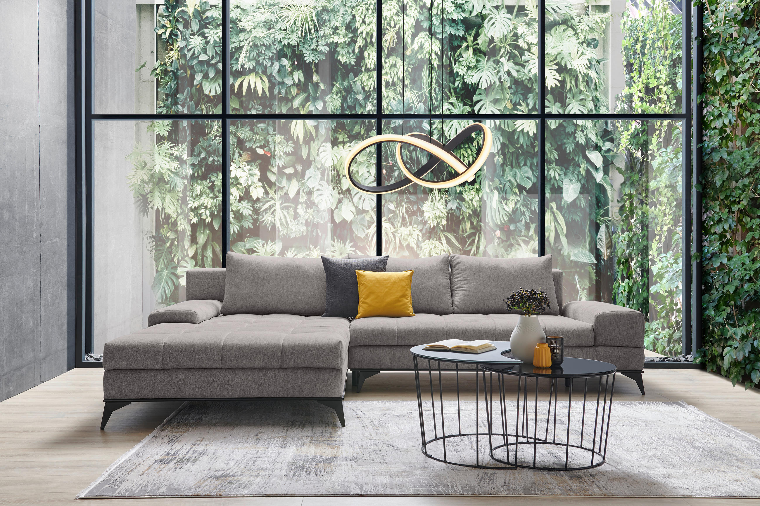 ECKSOFA Greige Webstoff  - Greige/Schwarz, Design, Textil/Metall (212/315cm) - Carryhome