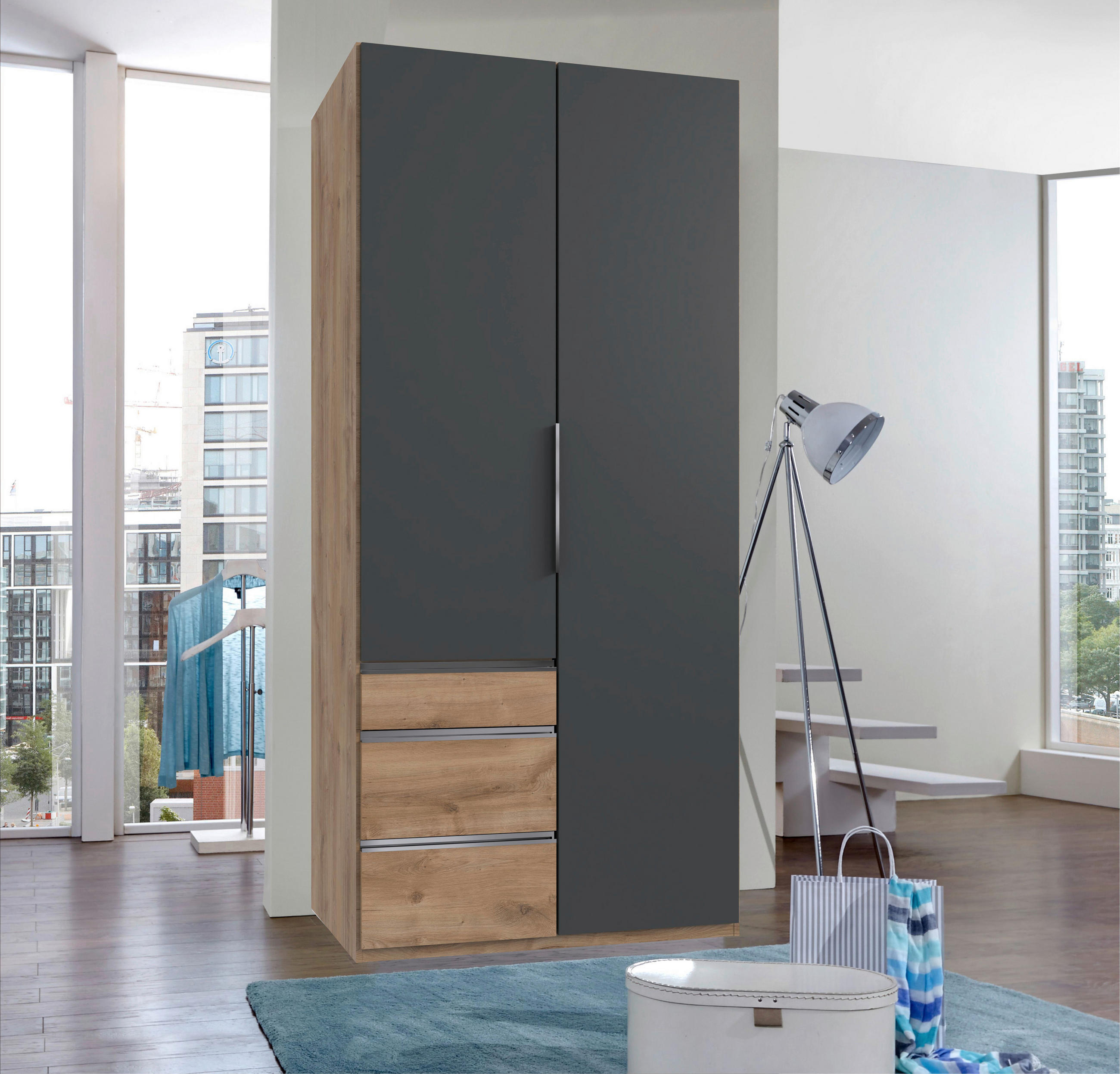 DREHTÜRENSCHRANK Graphitfarben, Plankeneiche  - Chromfarben/Plankeneiche, Modern, Holzwerkstoff/Metall (100/216/58cm) - MID.YOU