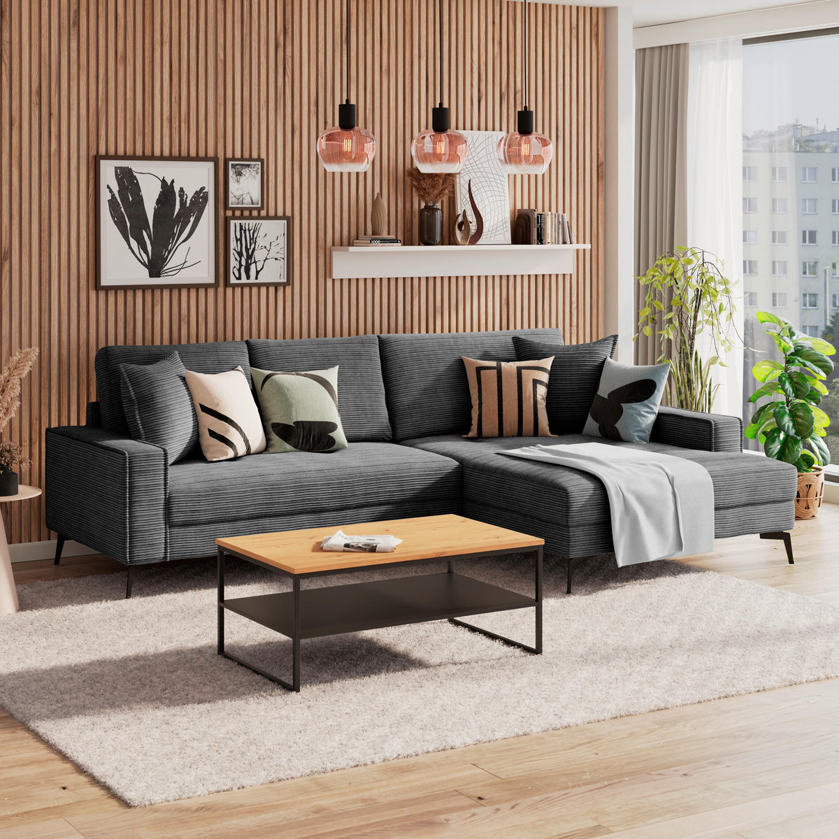 ECKSOFA ZERO Schwarz Cord Zierkissen, Rückenkissen  - Schwarz, Trend, Textil/Metall (286/173cm) - Livetastic