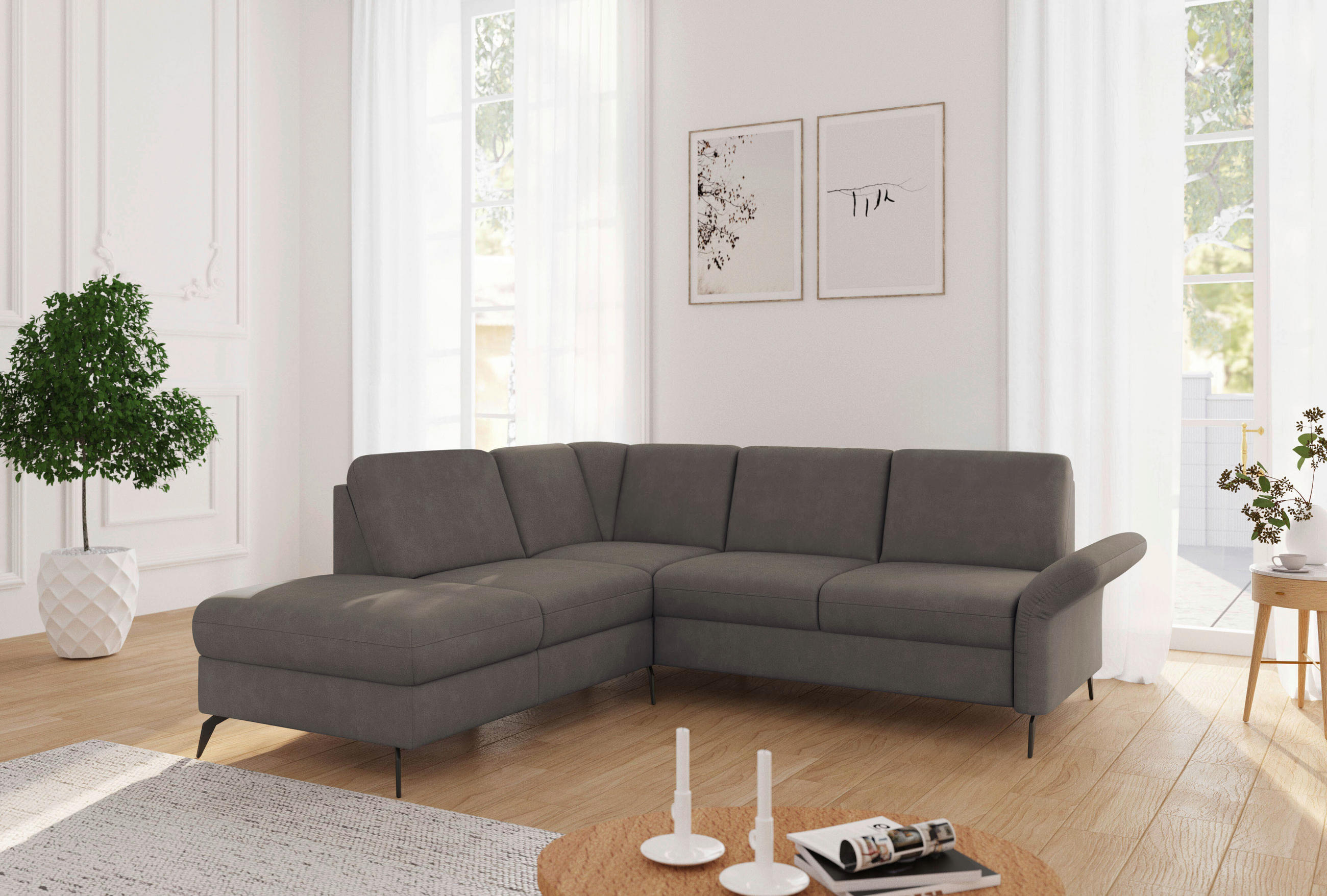 ECKSOFA ROCHELLE E Schlammfarben Flachgewebe  - Schlammfarben/Schwarz, KONVENTIONELL, Textil/Metall (216/240cm) - Sit & More