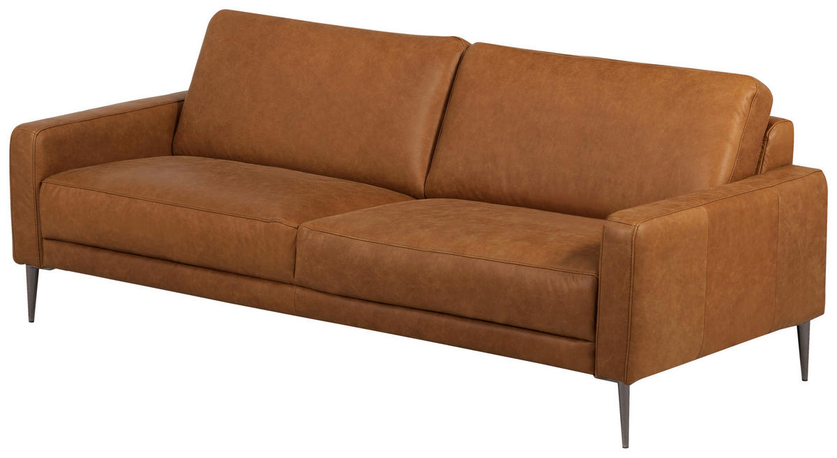 3-SITZER-SOFA SPRING Echtleder Cognac  - Cognac/Schwarzchrom, Design, Leder/Metall (187/85/92cm) - Livetastic