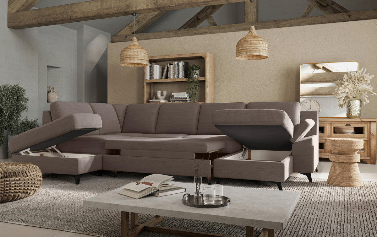 WOHNLANDSCHAFT in Flachgewebe Taupe  - Taupe/Schwarz, Konventionell, Textil/Metall (204/309/156cm) - Cotta