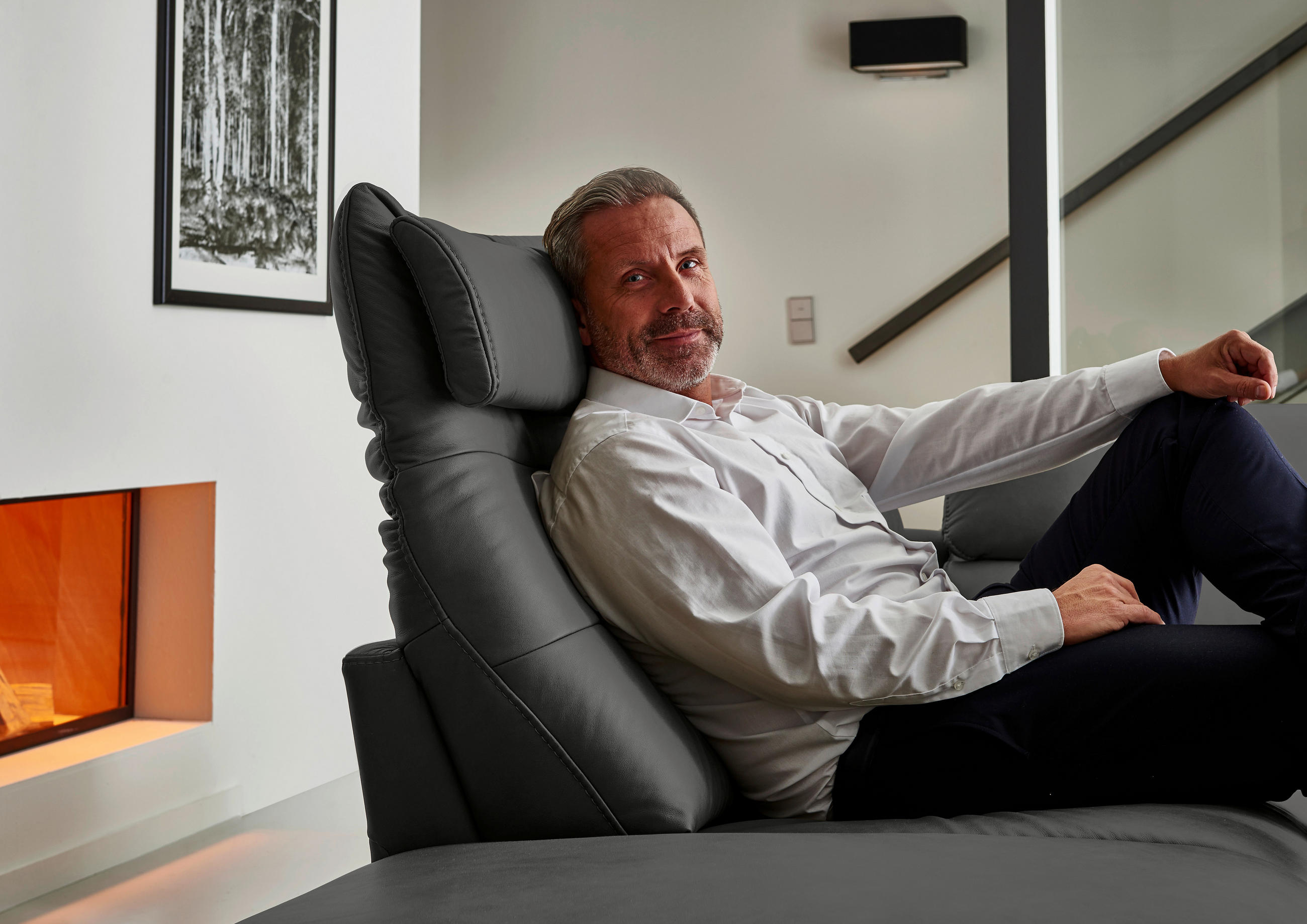 Thumbnail - Hukla Ecksofa Valdera, Schwarz, Leder, Echtleder, Semi-Anilinleder, 3-Sitzer, Ottomane links, L-Form, 280x246 cm, Golden...