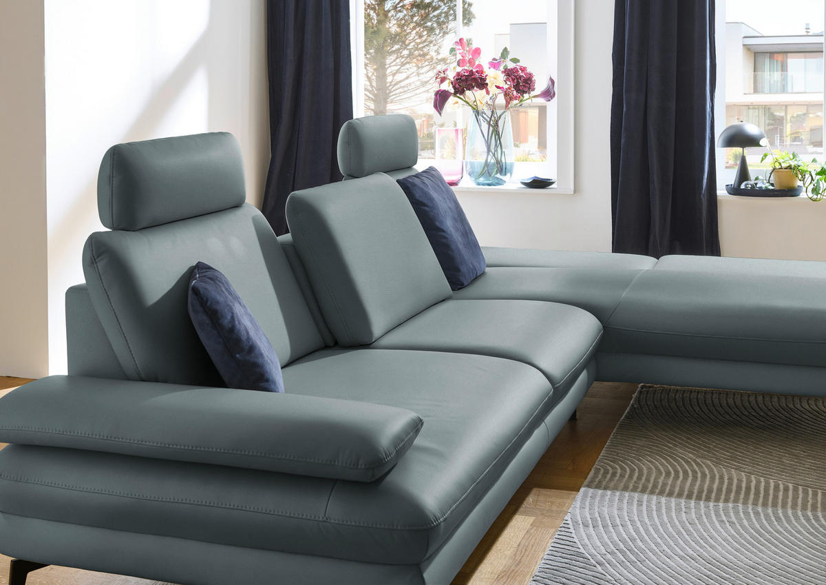ECKSOFA in Echtleder Blaugrau  - Blaugrau/Schwarz, Design, Leder/Metall (308/195cm) - Dieter Knoll