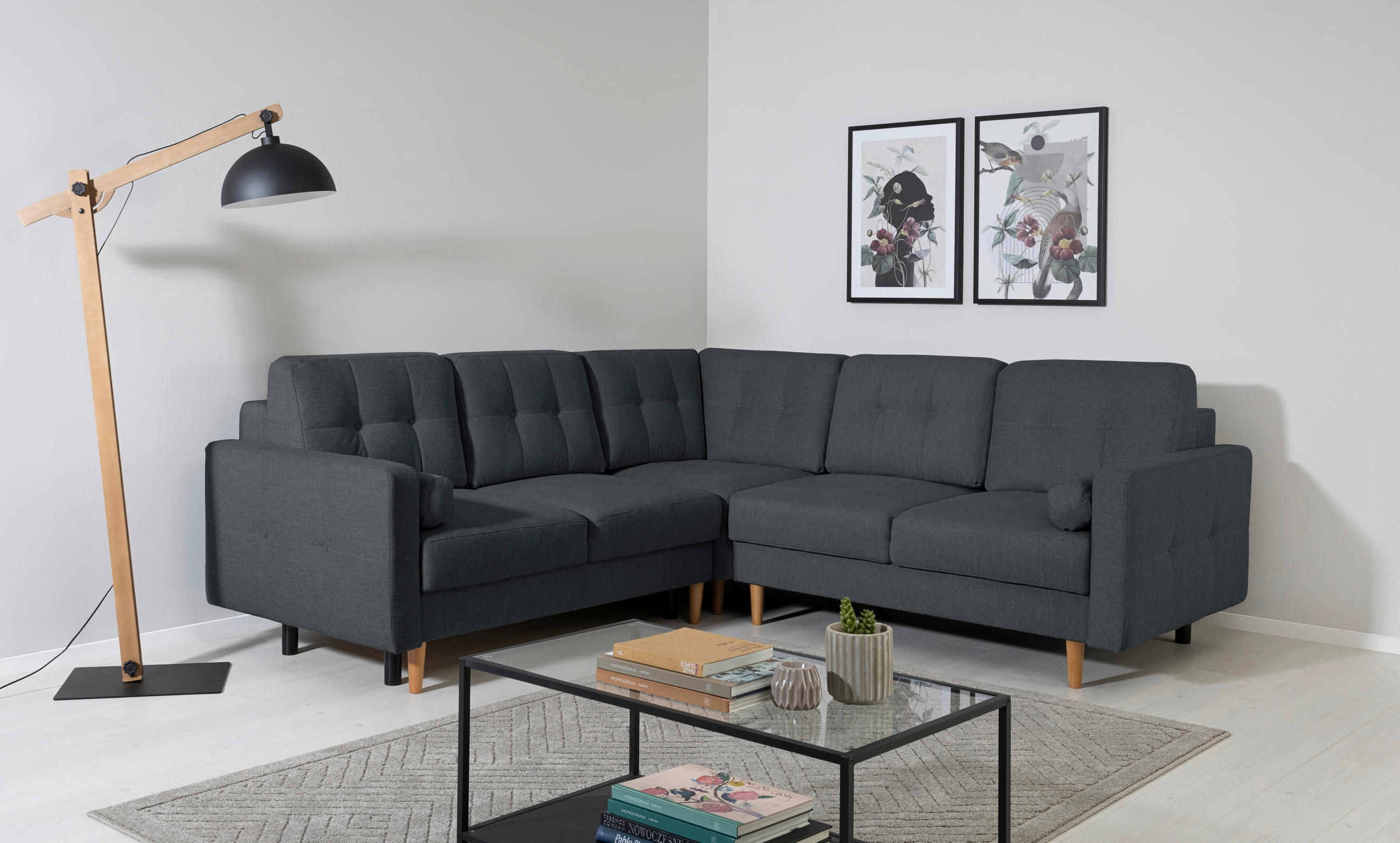 ECKSOFA Noret Dunkelblau - Beige/Buchefarben, Design, Holz/Textil (242/242cm) - MID.YOU