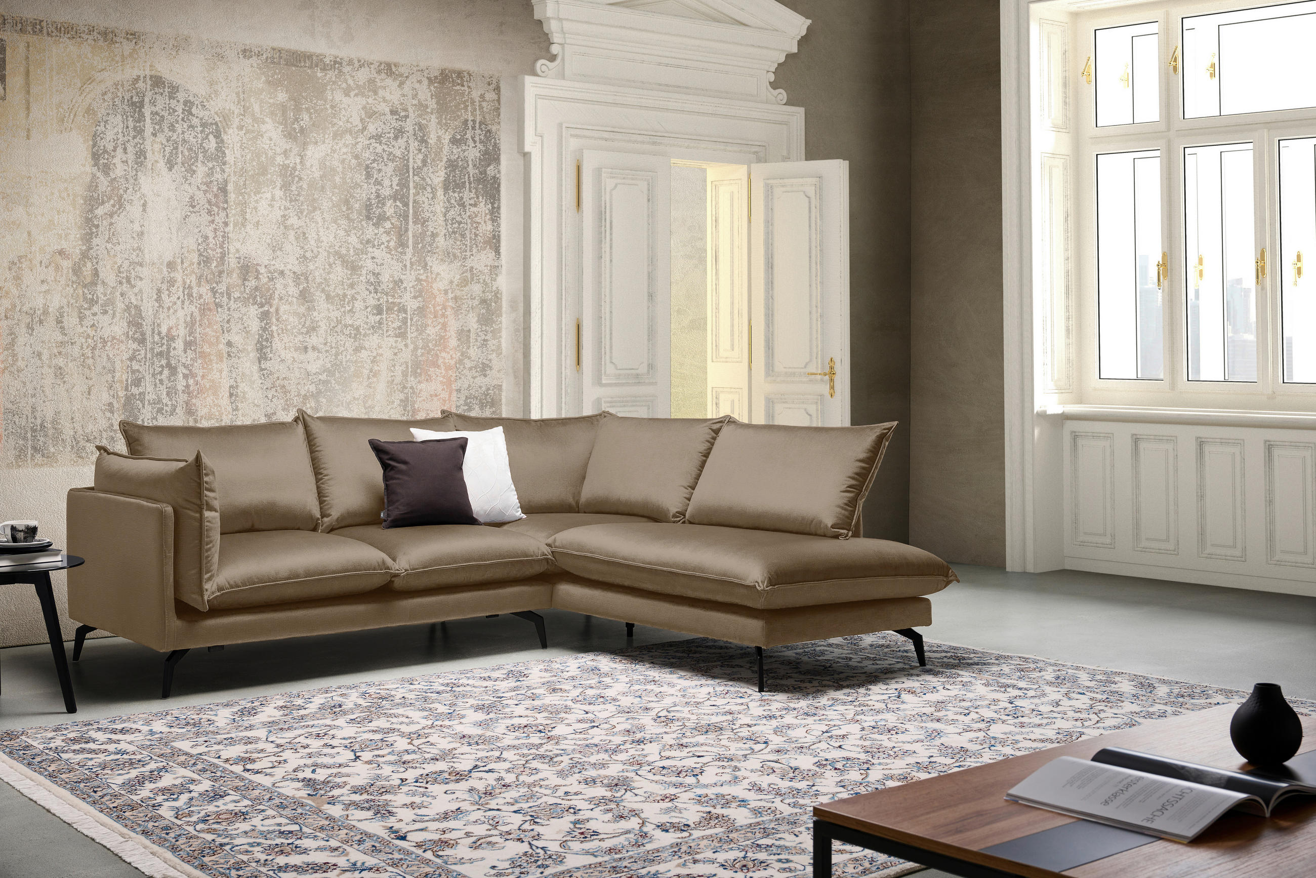ECKSOFA Hellbraun Samt  - Hellbraun/Schwarz, Design, Textil/Metall (241/200cm) - Carryhome
