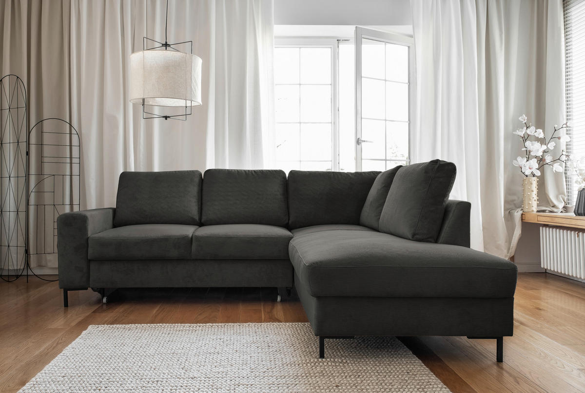 ECKSOFA in Cord Grau  - Schwarz/Grau, Design, Textil/Metall (237/197cm) - MID.YOU