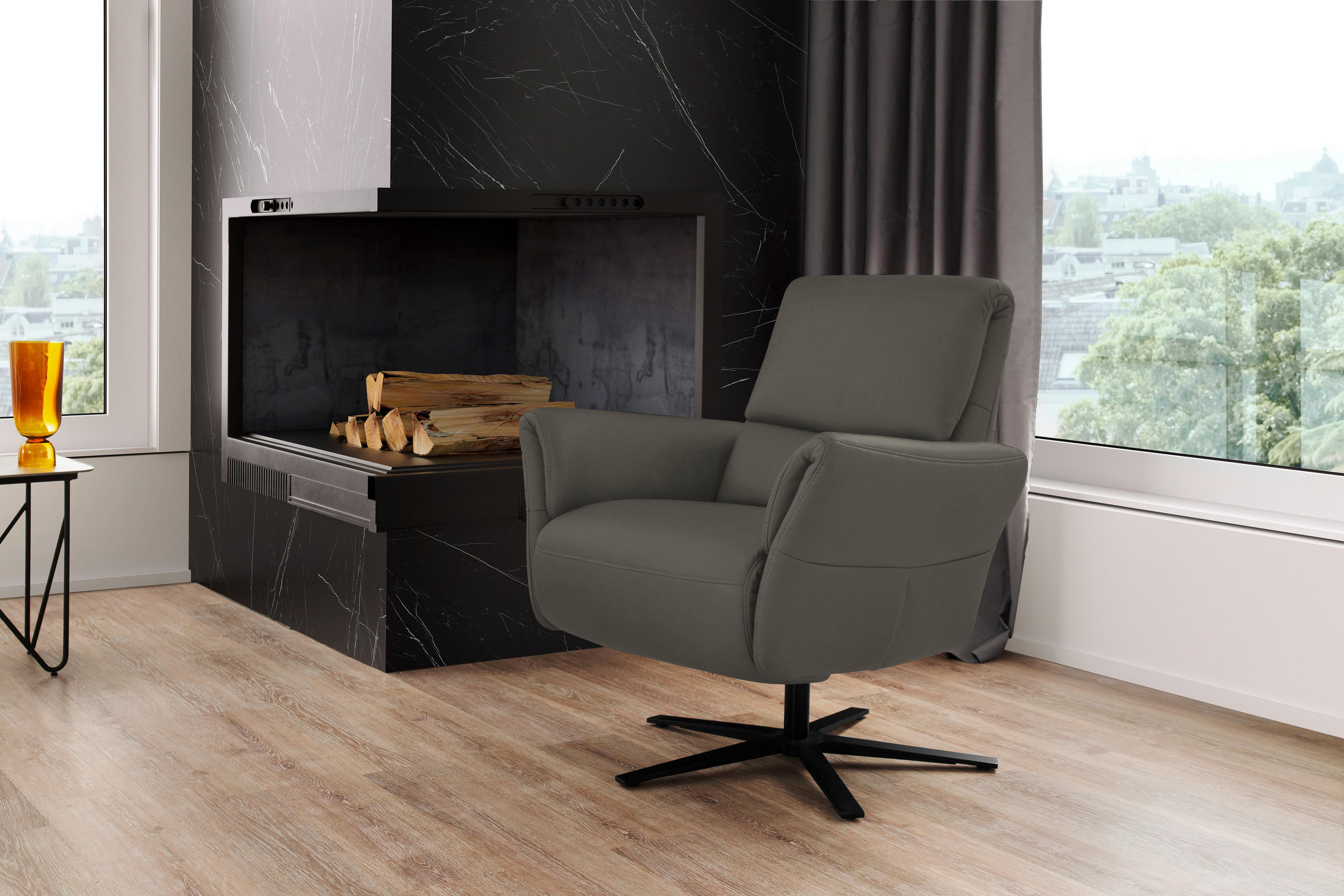 RELAXSESSEL Echtleder Relaxfunktion, Kopfteilverstellung, Nackenkissen    - Dunkelgrau/Schwarz, Design, Leder/Metall (81/118/82cm) - Schöner Wohnen