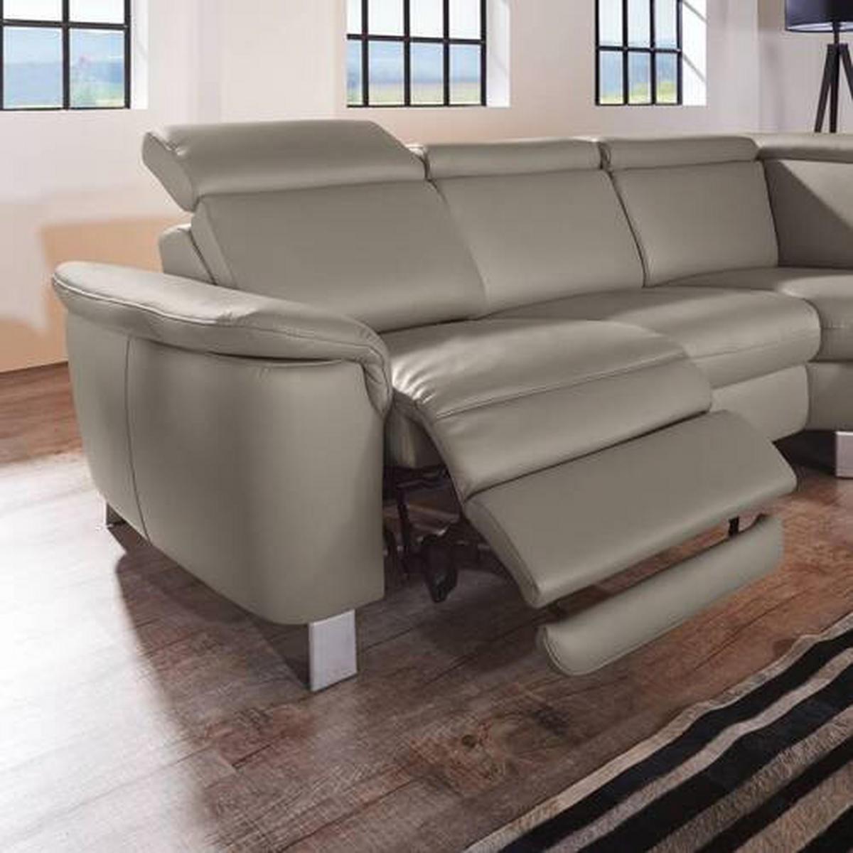 ECKSOFA in Echtleder Graubraun  - Graubraun/Alufarben, Design, Leder/Metall (271/239cm) - Cantus