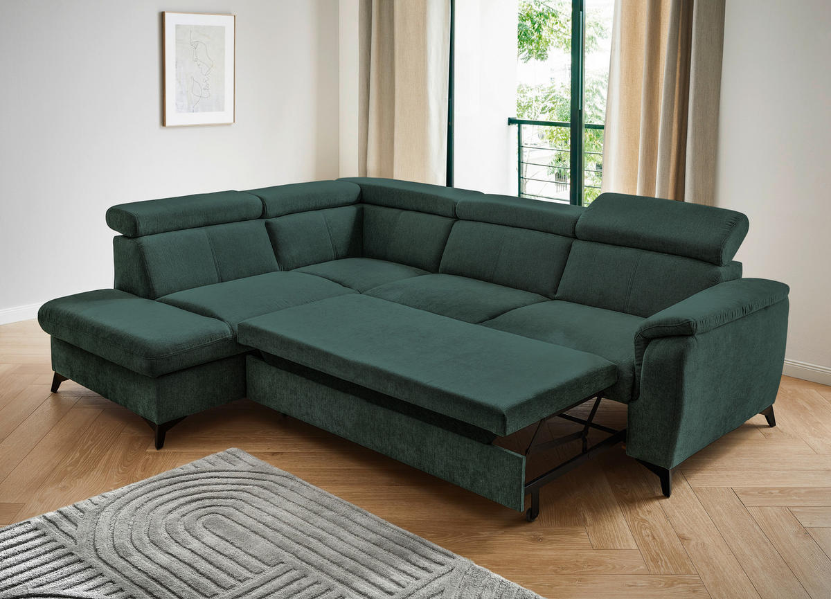 Ecksofa inkl. Funktionen in Chenille Petrol, Dunkelgrün  - Dunkelgrün/Petrol, Design, Textil/Metall (203/260cm) - Stylife