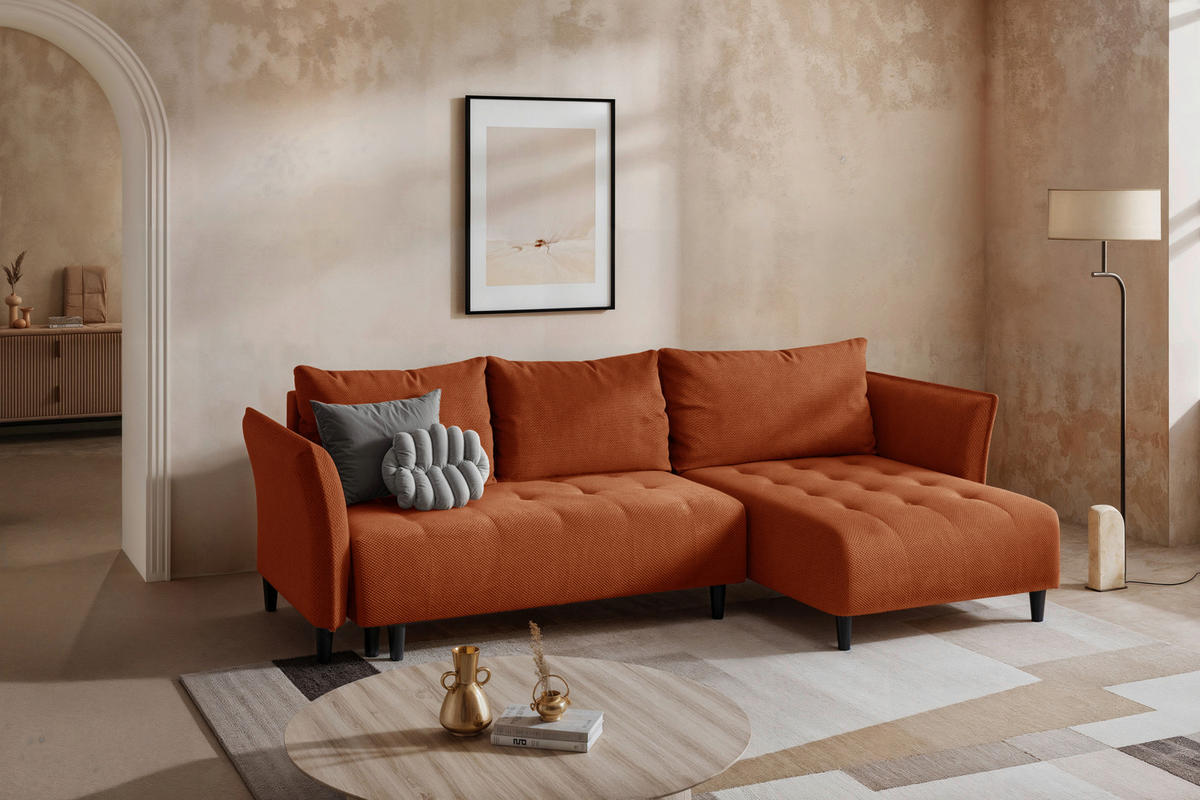ECKSOFA Struktur, Plüsch Terracotta  - Terracotta/Schwarz, Trend, Textil (290/160cm) - MID.YOU
