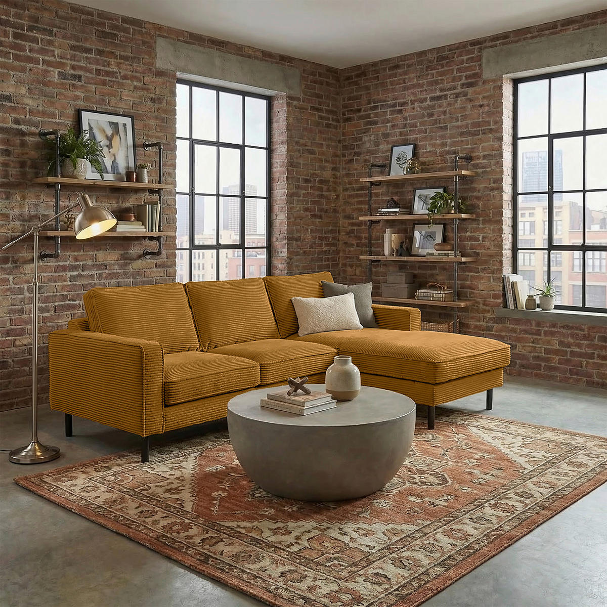 ECKSOFA  in Cord Senfgelb Rücken echt  238/166 cm  - Senfgelb/Schwarz, Design, Textil/Metall (238/166cm) - Livetastic