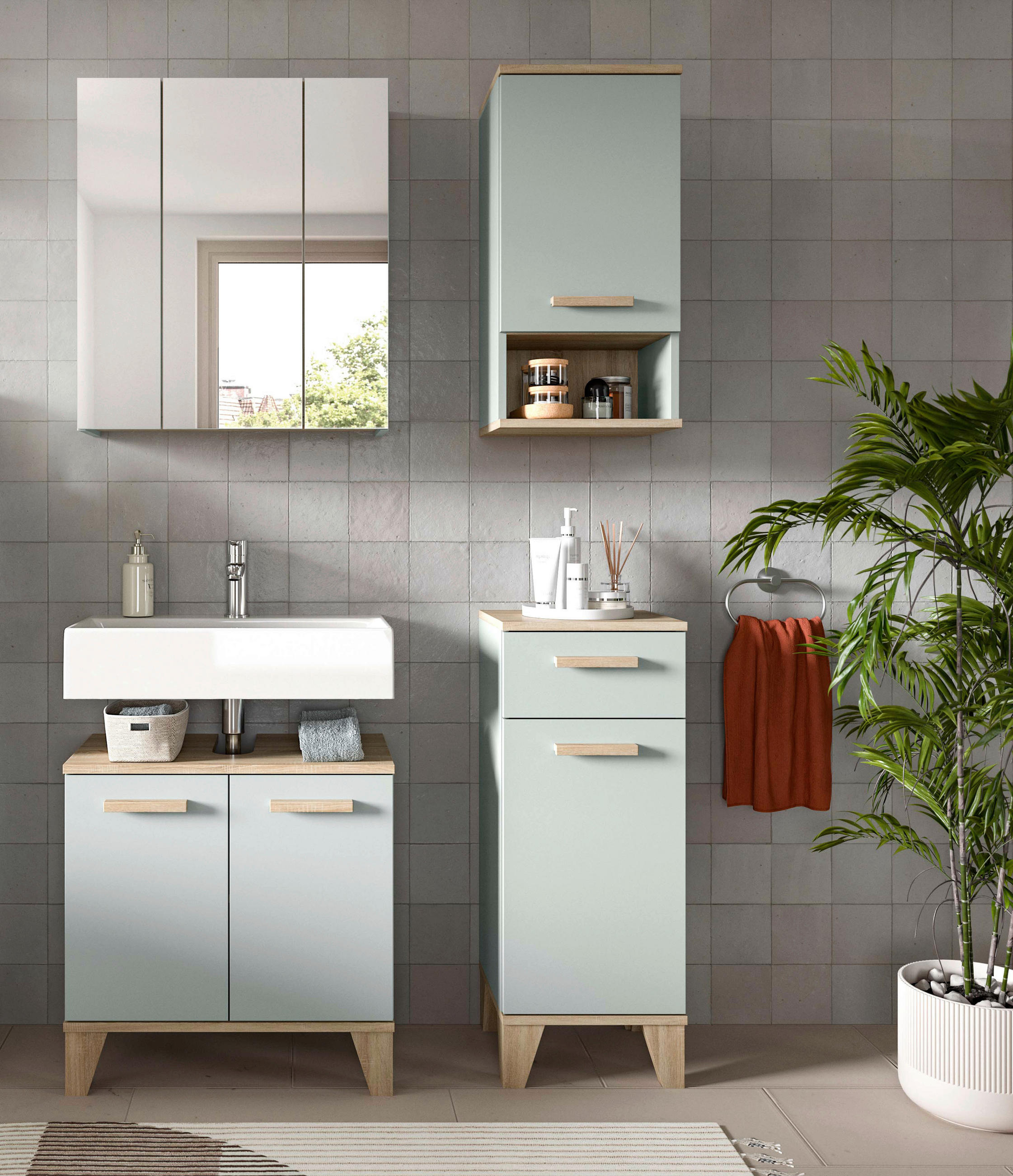 BADEZIMMER 4-teilig 94 cm - Eiche San Remo/Graugrün, Modern, Holzwerkstoff/Kunststoff (94cm) - MID.YOU