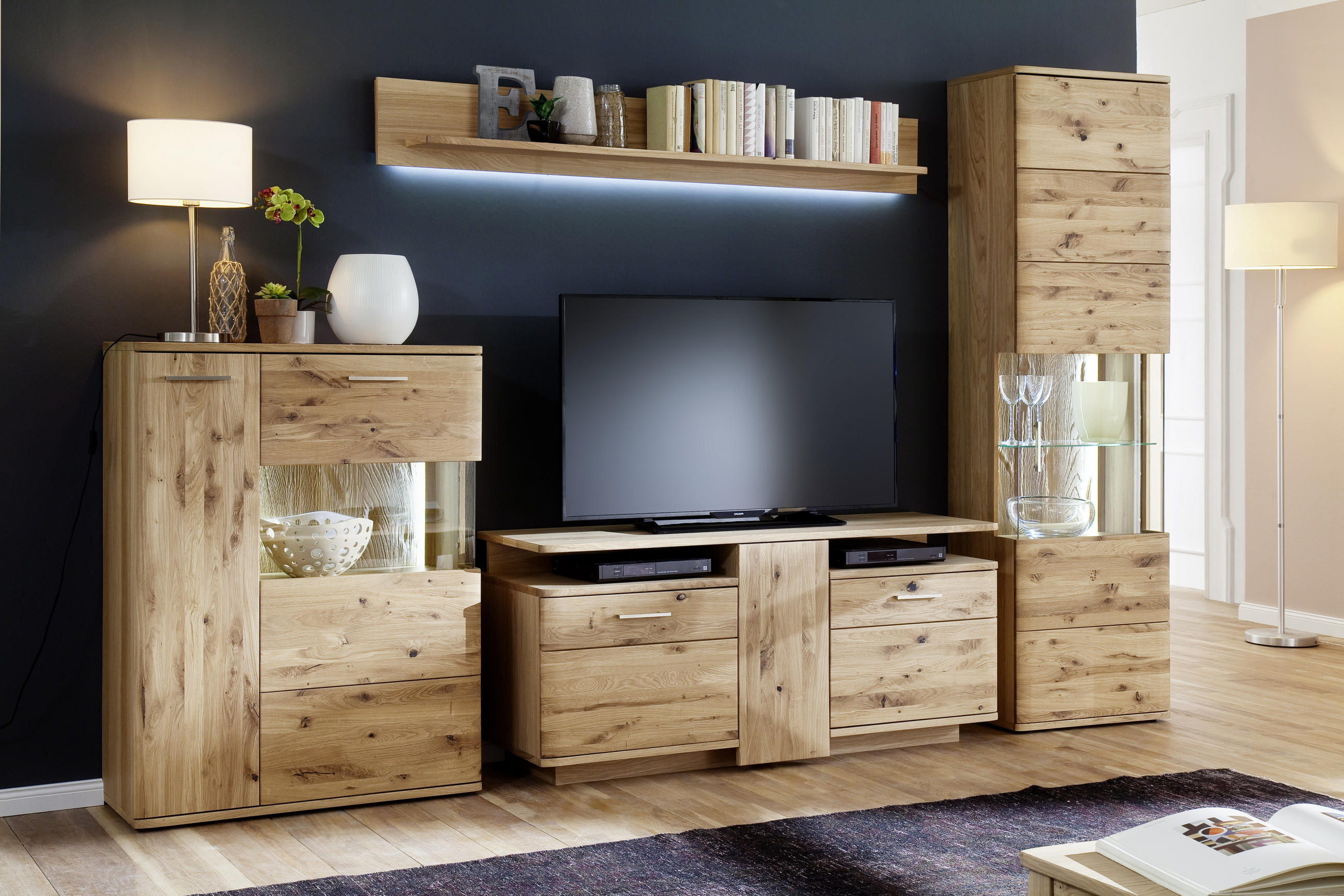 WOHNWAND  in Eichefarben  320/208/45 cm  - Eichefarben/Schwarz, Design, Glas/Holz (320/208/45cm) - Livetastic