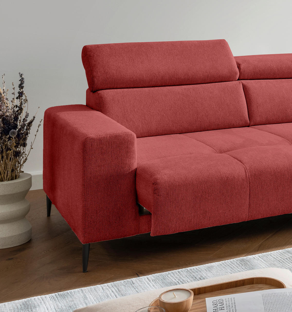 ECKSOFA INTERA Rot Struktur Kopfteilverstellung, Sitzvorzug  - Rot/Schwarz, KONVENTIONELL, Textil/Metall (305/225cm) - Livetastic