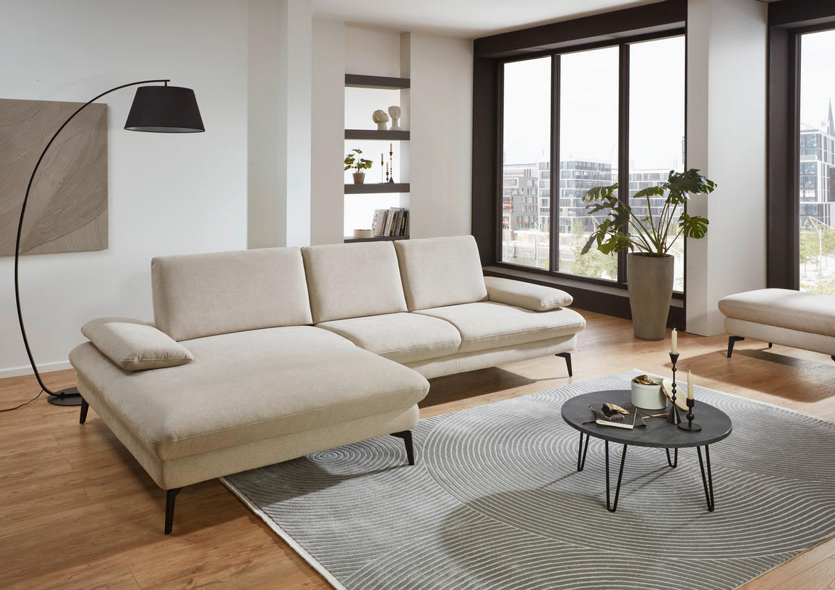 ECKSOFA in Mikrofaser, Chenille Ecru  - Ecru/Schwarz, Design, Textil/Metall (157/299cm) - Dieter Knoll