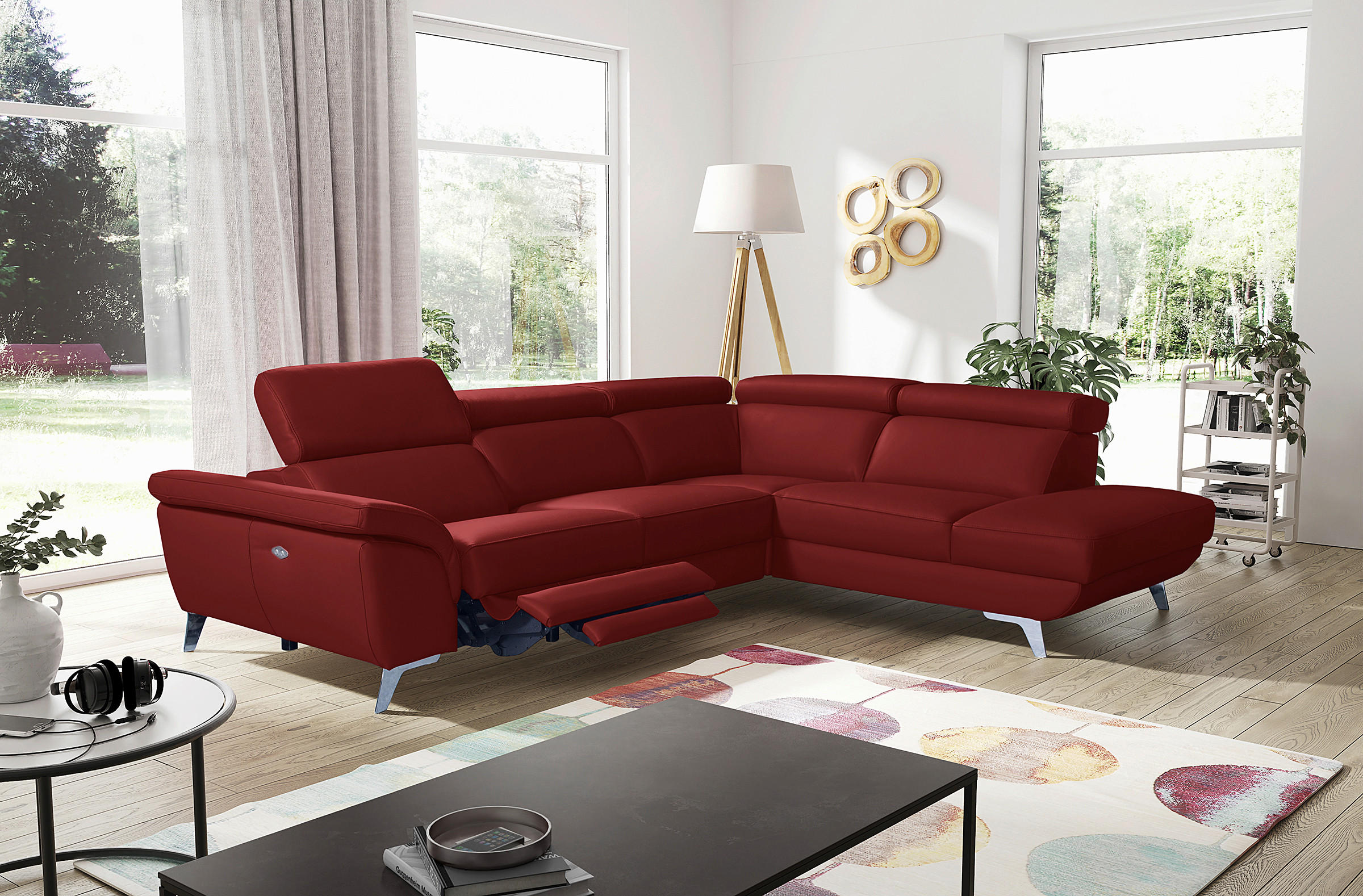 ECKSOFA Echtleder Rot  - Silberfarben/Rot, Design, Leder/Metall (283/228cm) - Livetastic