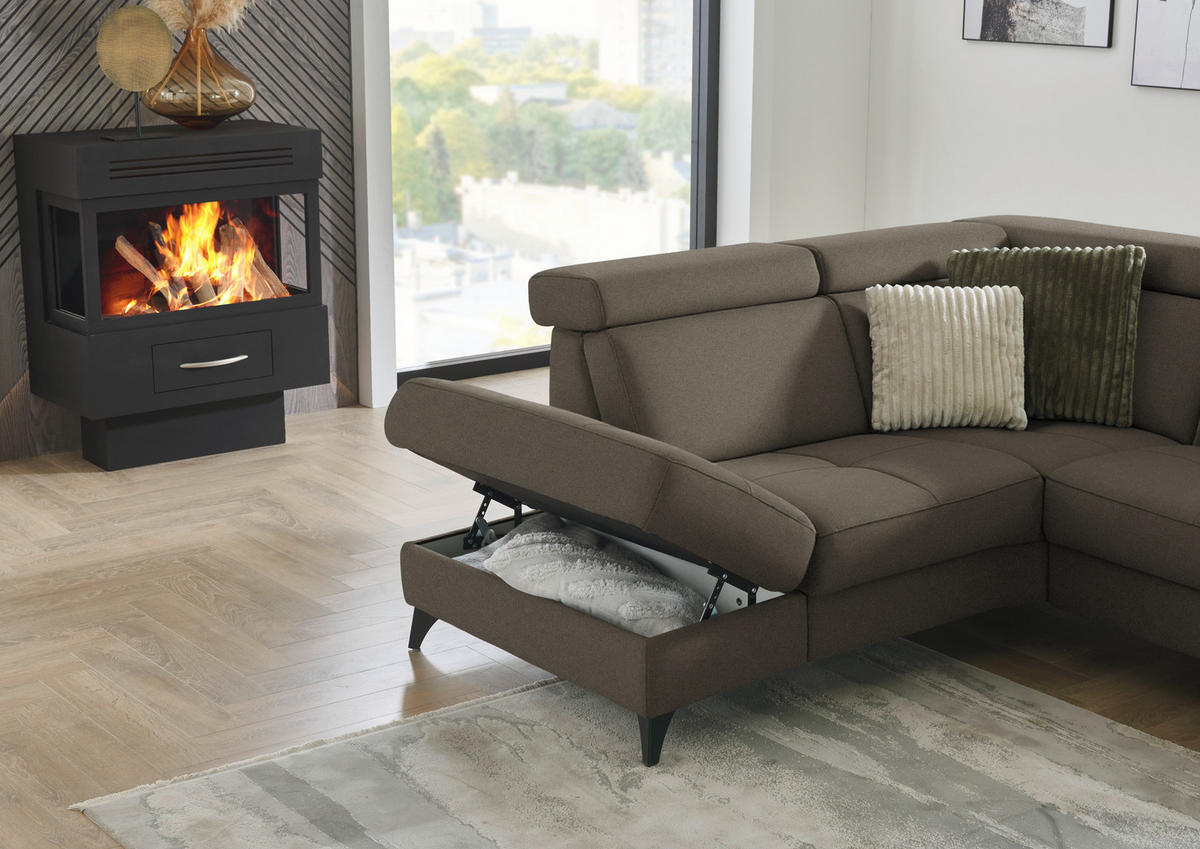ECKSOFA Beldomo System in Flachgewebe Dunkelbraun Kopfteilverstellung  214/276 cm  - Dunkelbraun/Schwarz, KONVENTIONELL, Textil/Metall (214/276cm) - Beldomo System