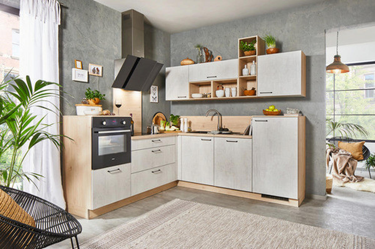 ROHOVÁ KUCHYŇA BASE 245 - biela/farba duba, Modern, kompozitné drevo (245/225cm) - Welnova