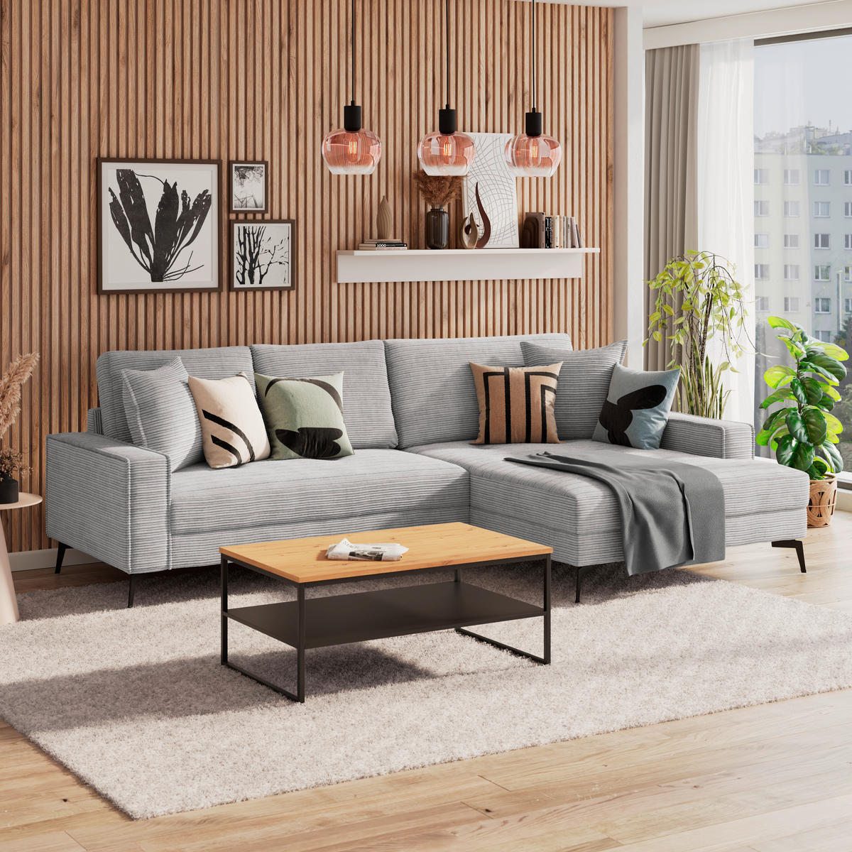 ECKSOFA ZERO Hellgrau Cord Zierkissen, Rückenkissen  - Hellgrau/Schwarz, Trend, Textil/Metall (286/173cm) - Livetastic