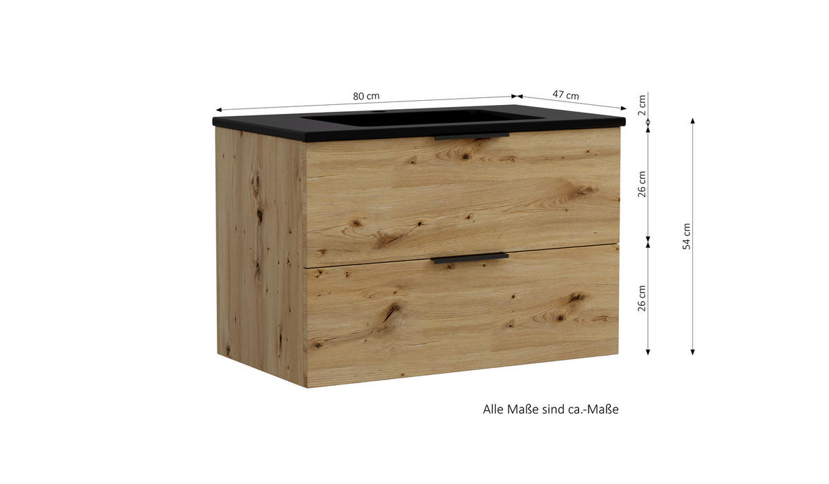 WASCHTISCHKOMBI  - Schwarz/Eiche Artisan, MODERN, Keramik/Holzwerkstoff (80/54/47cm) - Held