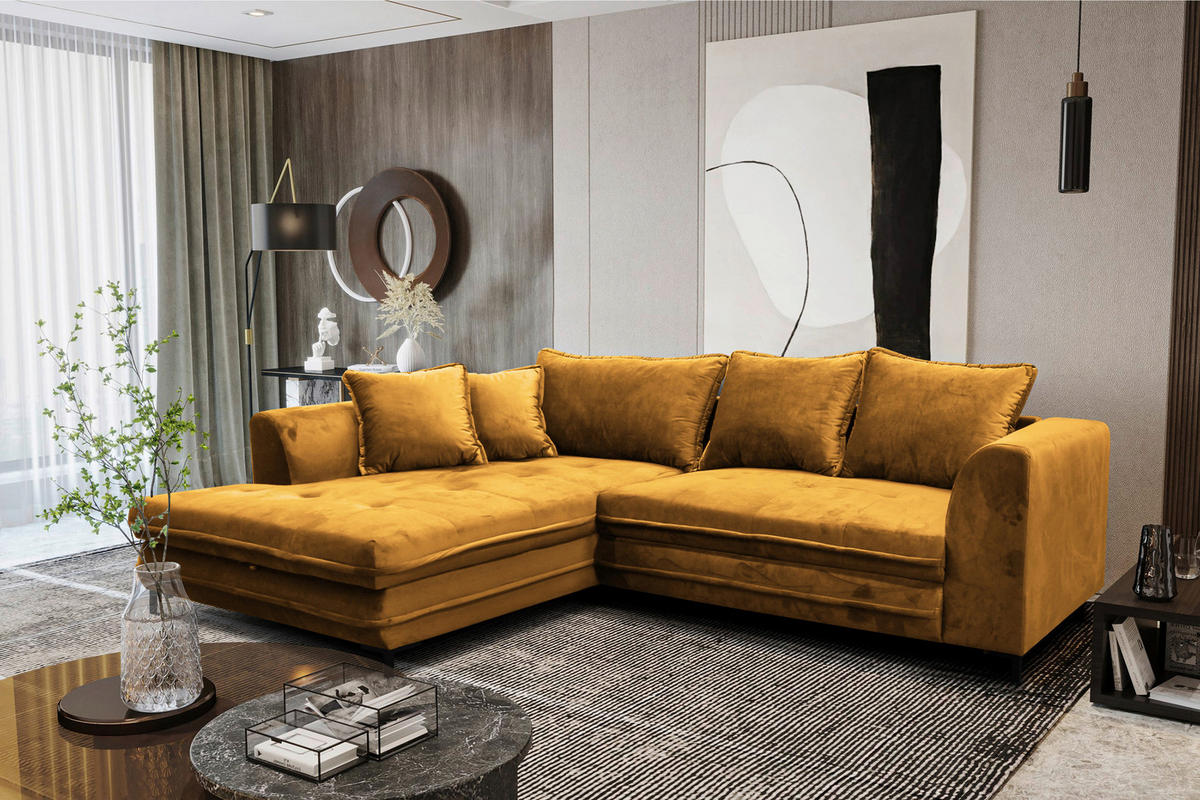 ECKSOFA Gelb Velours  - Beige/Gelb, Design, Textil/Metall (187/277cm) - Livetastic