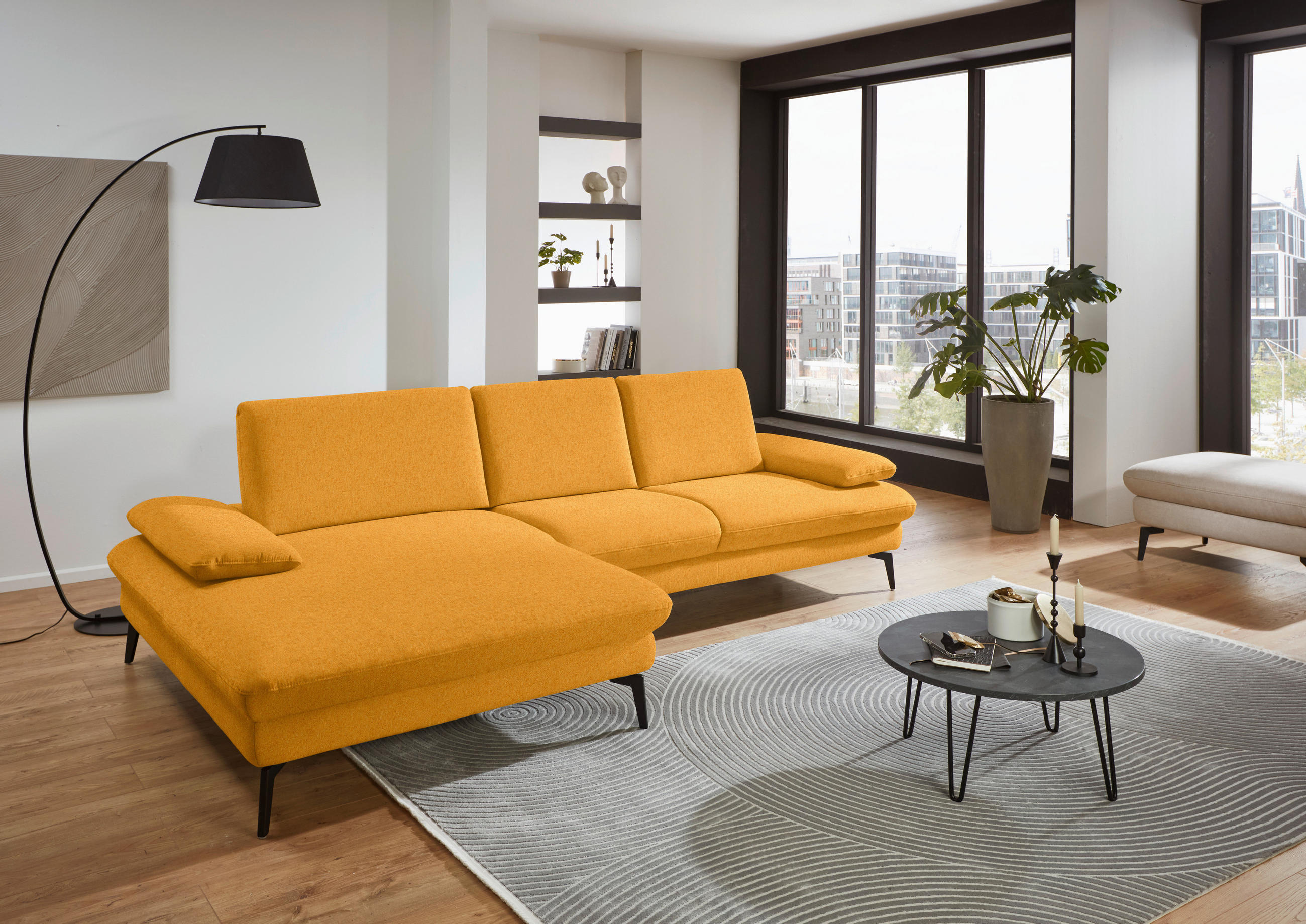 ECKSOFA in Chenille, Mikrofaser Currygelb  - Currygelb/Schwarz, Design, Textil/Metall (157/299cm) - Dieter Knoll