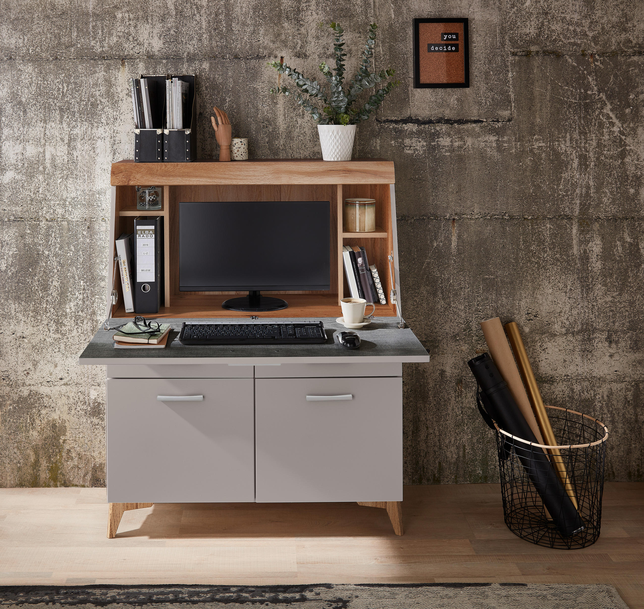 SEKRETÄR  Kabeldurchlass, Stauraum  - Eichefarben/Alufarben, LIFESTYLE, Holzwerkstoff/Kunststoff (98/124/39,6cm) - Carryhome