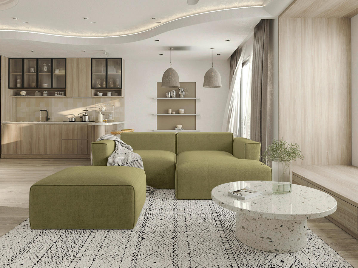 P & B Hochflorteppich, links davon: Küchenzeile, Hocker in grün, rechts davon: Couchtisch in weiß, Gardine in hellem Badezimmer.
