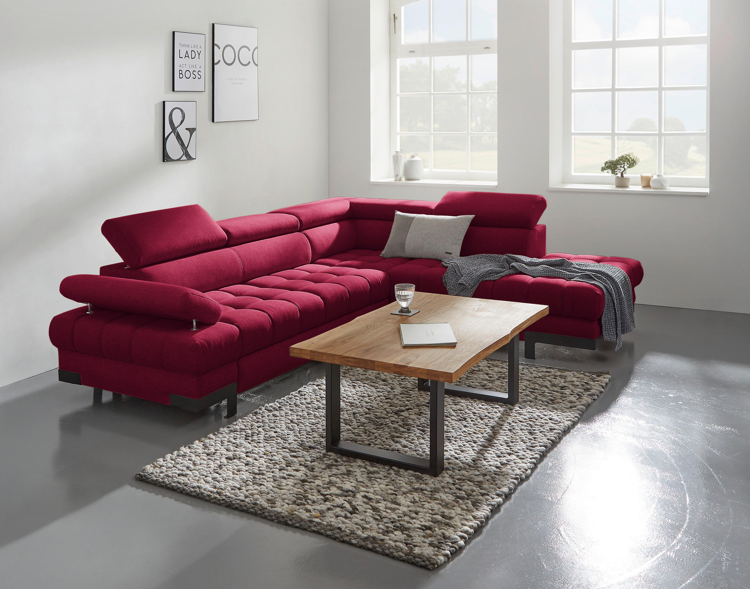 ECKSOFA Rot Webstoff  - Rot/Schwarz, Design, Textil/Metall (263/223cm) - Welnova