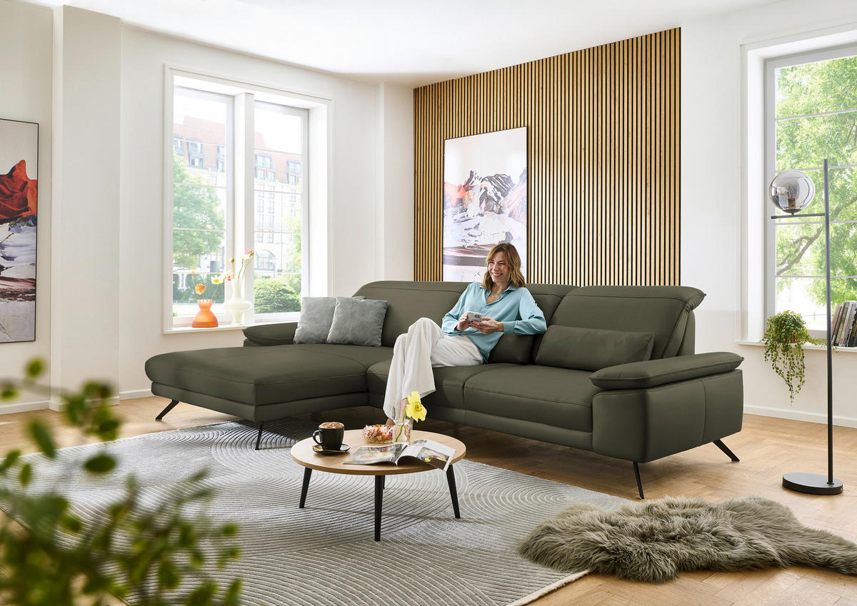 ECKSOFA in Echtleder Grau, Grün  193/332 cm  - Schwarz/Grau, Design, Leder/Metall (193/332cm) - Dieter Knoll