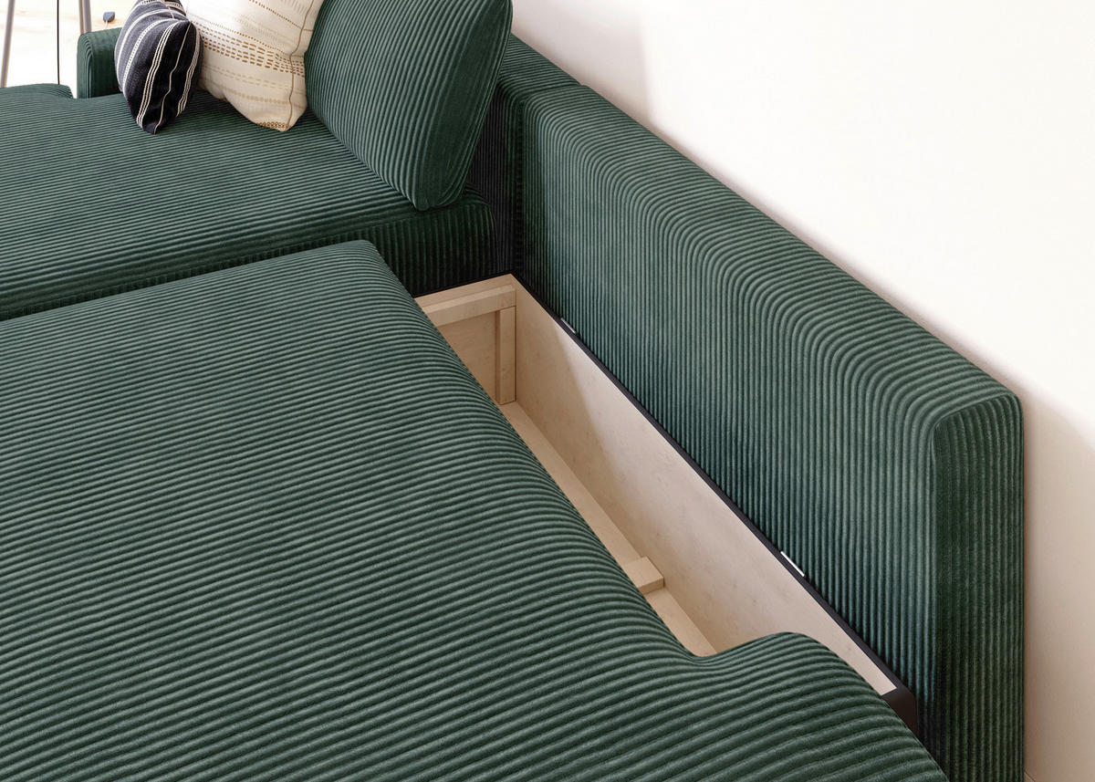 ECKSCHLAFSOFA in Cord Dunkelgrün  - Dunkelgrün/Schwarz, Modern, Kunststoff/Textil (167/253cm) - Trendmanufaktur