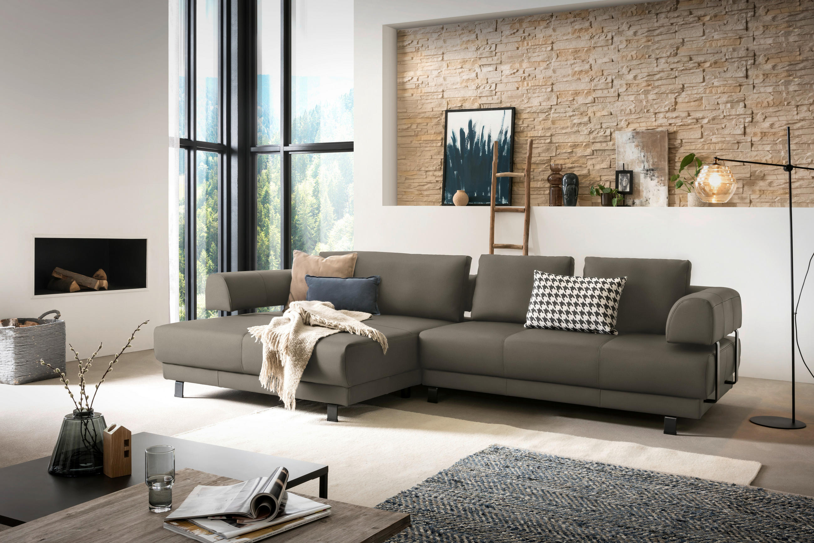 ECKSOFA in Echtleder Graubraun  - Graubraun/Schwarz, Design, Leder/Metall (188/307cm)