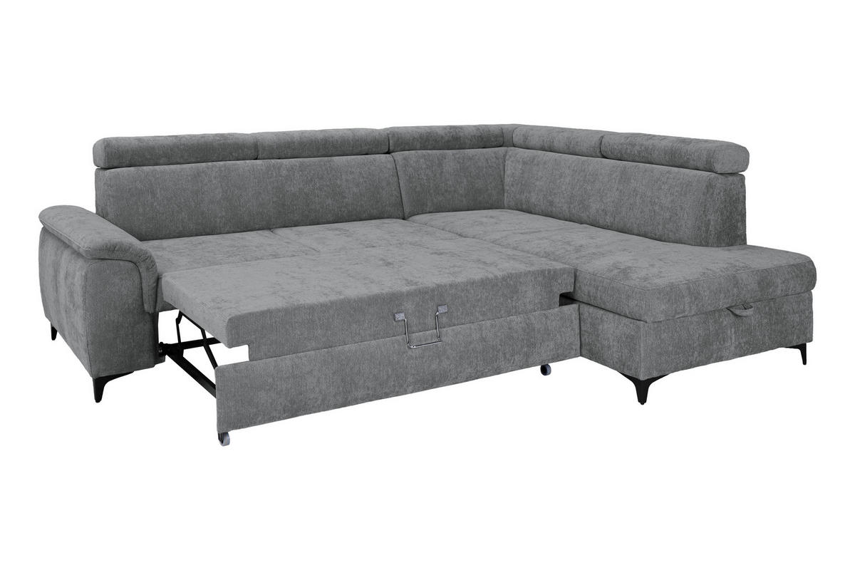 ECKSOFA Dunkelgrau Chenille Bettkasten, Schlaffunktion, Rücken echt, Kopfteilverstellung, Liegefläche im Originalstoff  - Dunkelgrau/Schwarz, KONVENTIONELL, Textil/Metall (265/206cm) - Carryhome