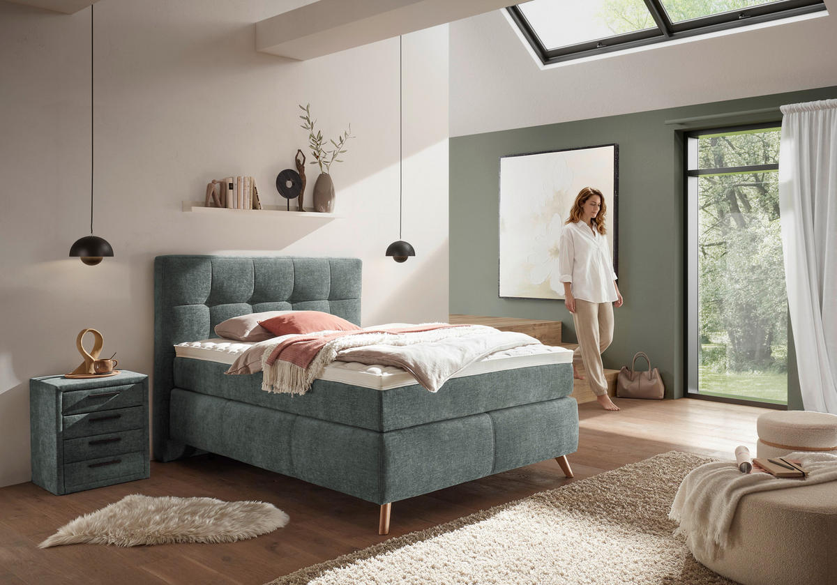 BOXSPRINGBETT 120/200 cm,  in Grün, H4 = sehr fest  - Alteiche/Grün, KONVENTIONELL, Holz/Textil (120/200cm) - Voleo