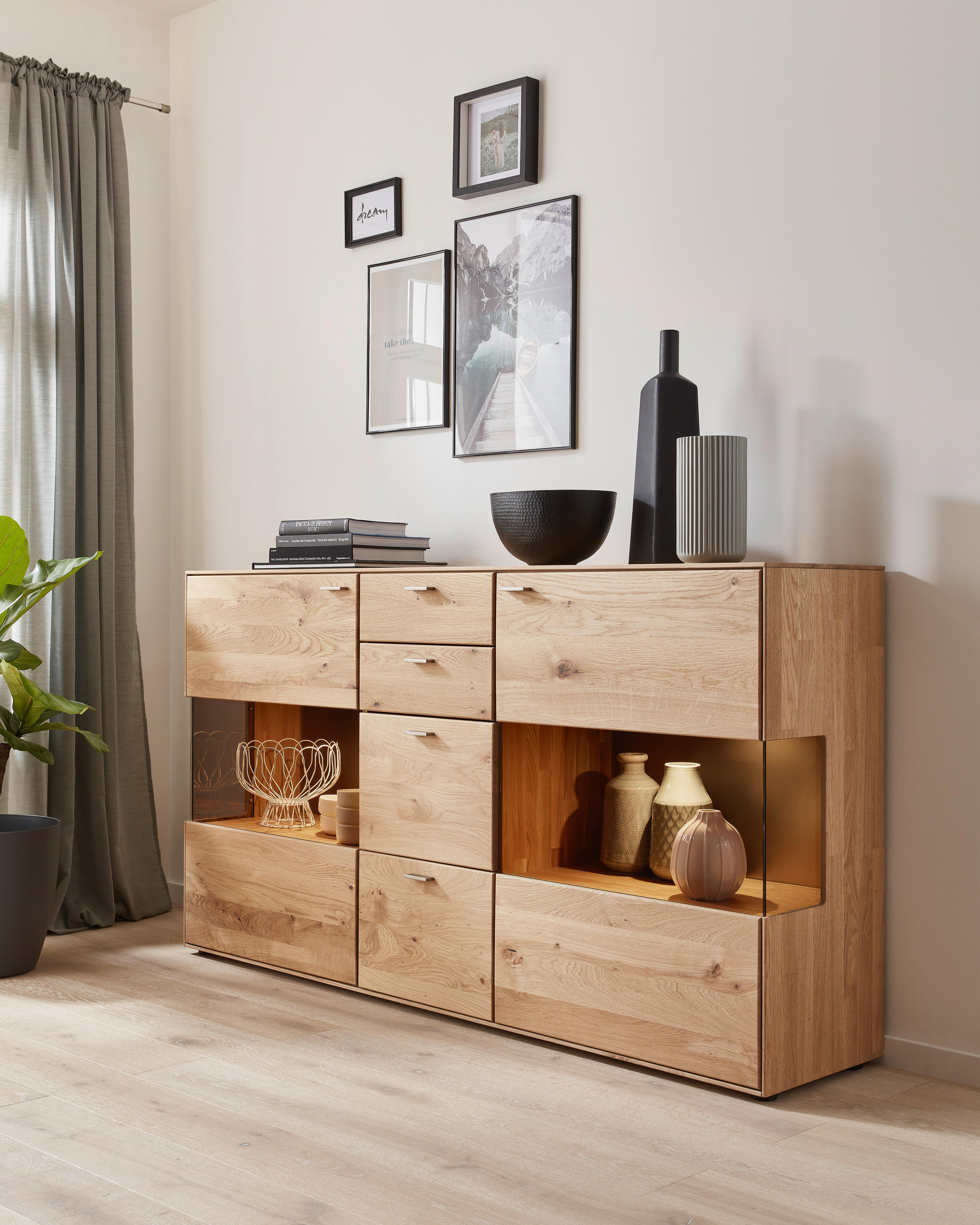 SIDEBOARD Venturo  in 183/100,2/40,9 cm  - Edelstahlfarben/Eichefarben, KONVENTIONELL, Glas/Holz (183/100,2/40,9cm) - Valnatura