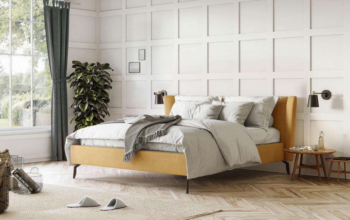 KÁRPITOZOTT ÁGY 160/200 cm  sárga  - sárga/fekete, Basics, faalapú anyag/textil (160/200cm) - Carryhome