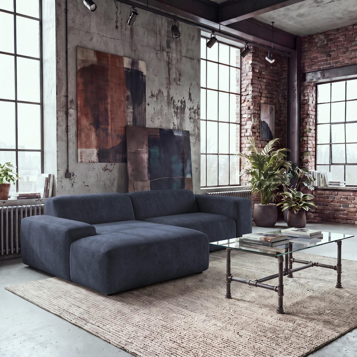 ECKSOFA HANNAH Blau Cord  - Blau/Schwarz, Design, Kunststoff/Textil (170/252cm) - MID.YOU
