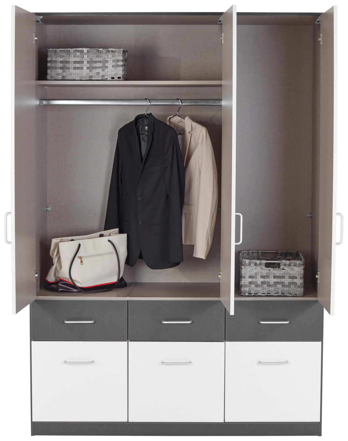 KLEIDERSCHRANK 136/197/54 cm 3-türig Grau, Weiß  - Alufarben/Weiß, KONVENTIONELL, Holzwerkstoff/Kunststoff (136/197/54cm) - Rauch Möbel