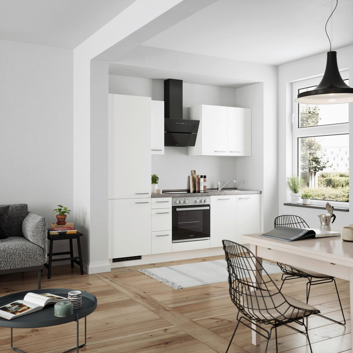 BUCĂTĂRIE FĂRĂ ELECTROCASNICE  - alb/culoare inox, Modern, metal/material pe bază de lemn (240cm) - Nobilia