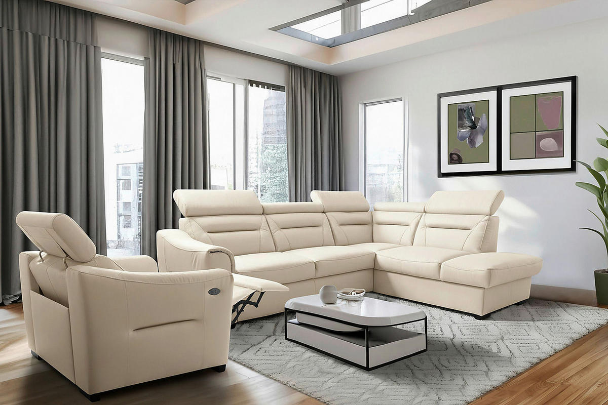 ECKSOFA Lederlook Echtleder Creme  - Wengefarben/Creme, Design, Leder/Holz (260/212cm) - Celina Home