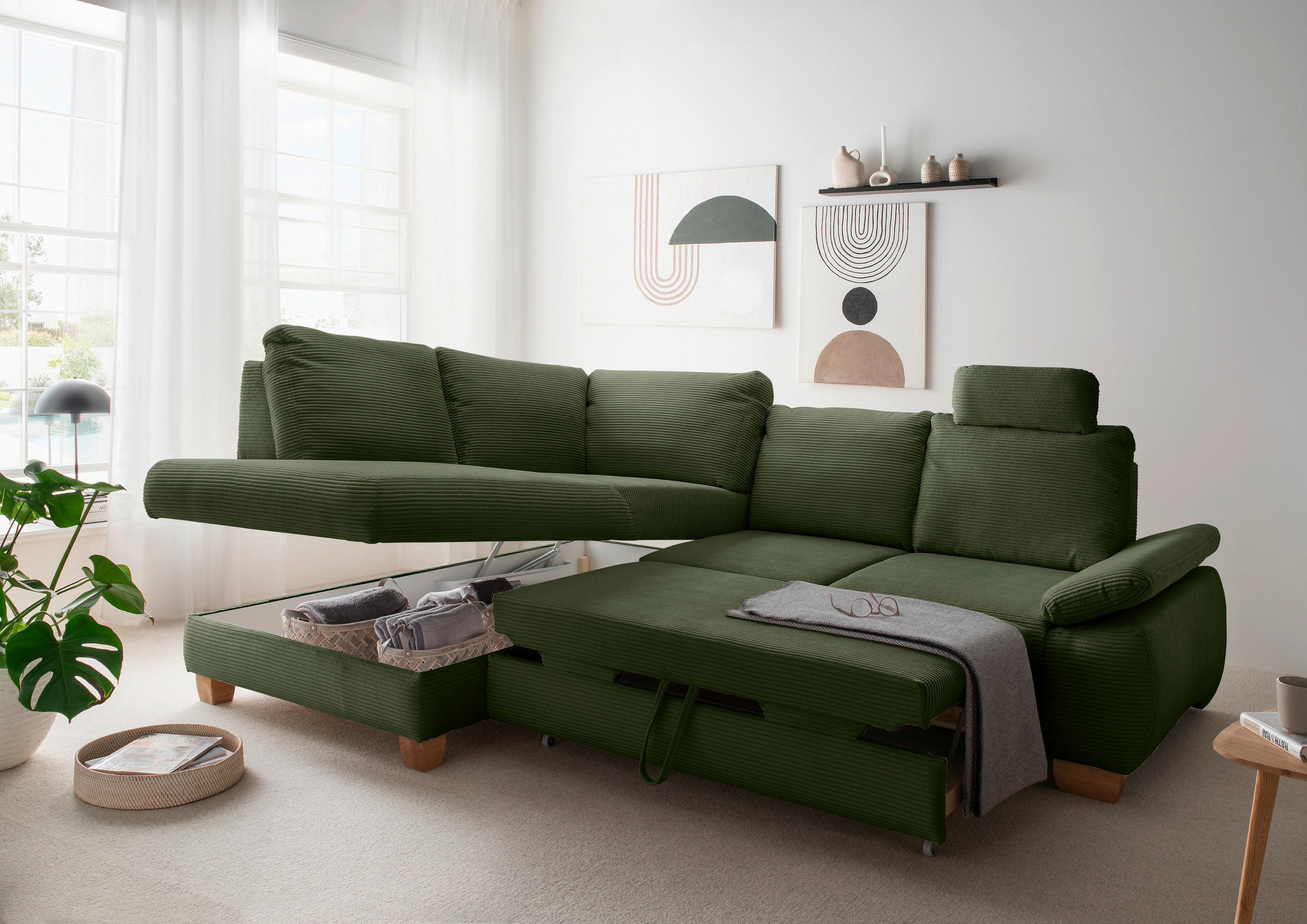 ECKSCHLAFSOFA Cord Dunkelgrün  - Wildeiche/Dunkelgrün, MODERN, Holz/Textil (206/261cm) - Livetastic
