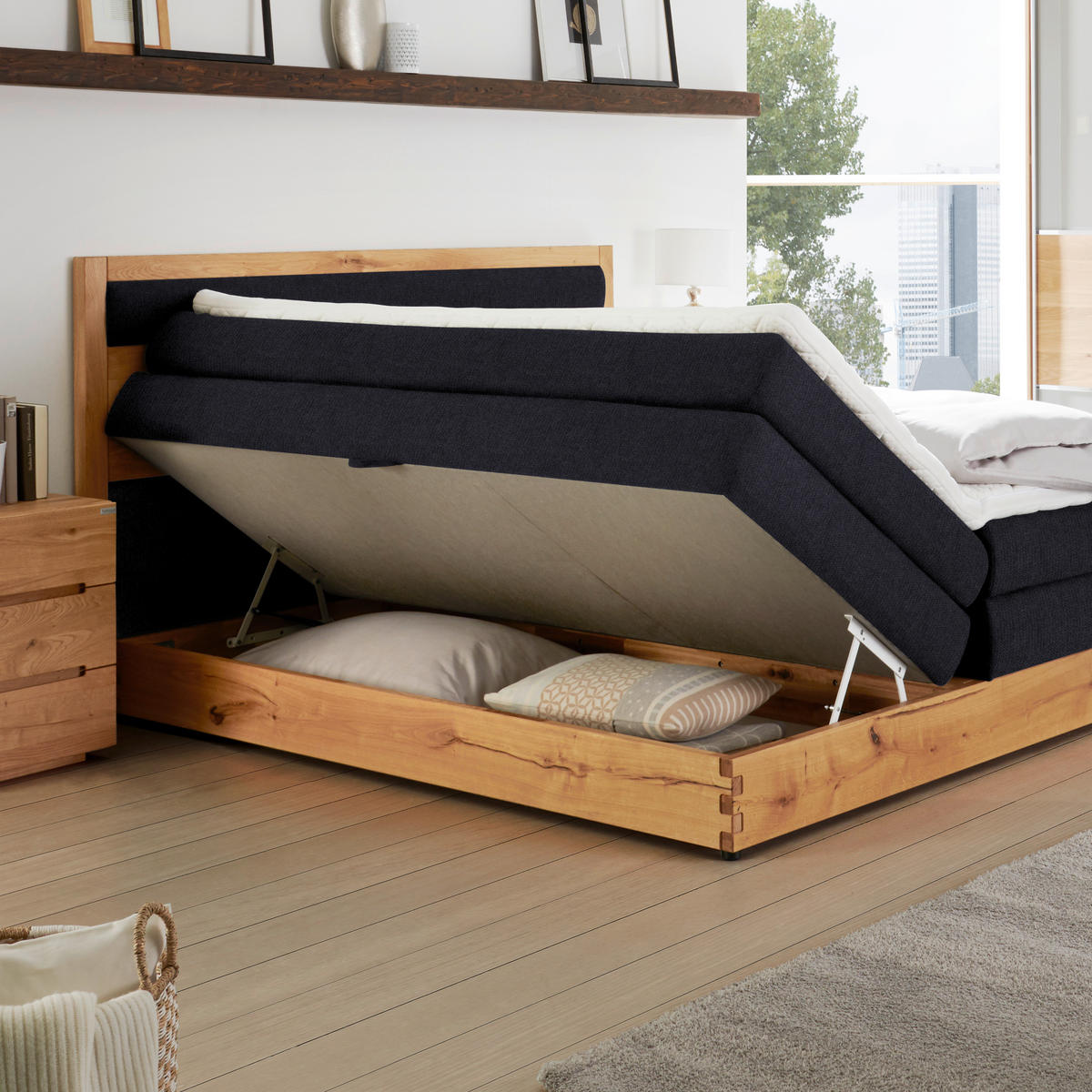 BOXSPRINGBETT 160/200 cm  in Eichefarben, Dunkelblau  - Eichefarben/Schwarz, KONVENTIONELL, Holz/Holzwerkstoff (160/200cm) - Valnatura