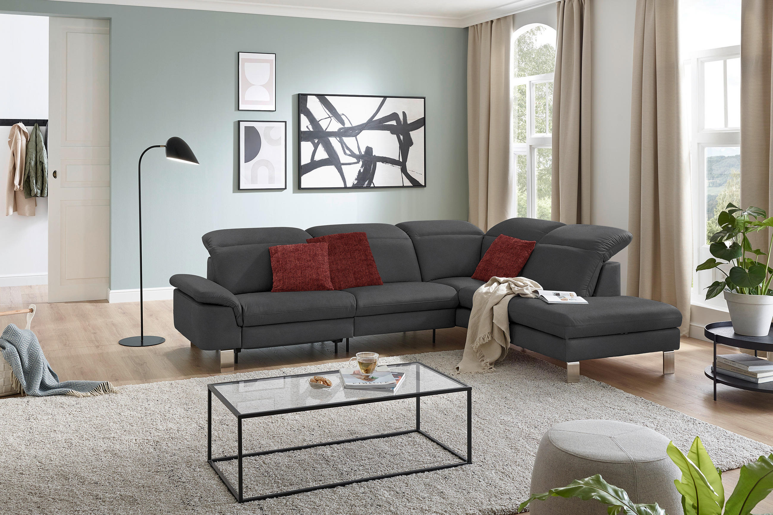 ECKSOFA in Echtleder Grau  309/233 cm  - Edelstahlfarben/Grau, Design, Leder/Metall (309/233cm) - Dieter Knoll
