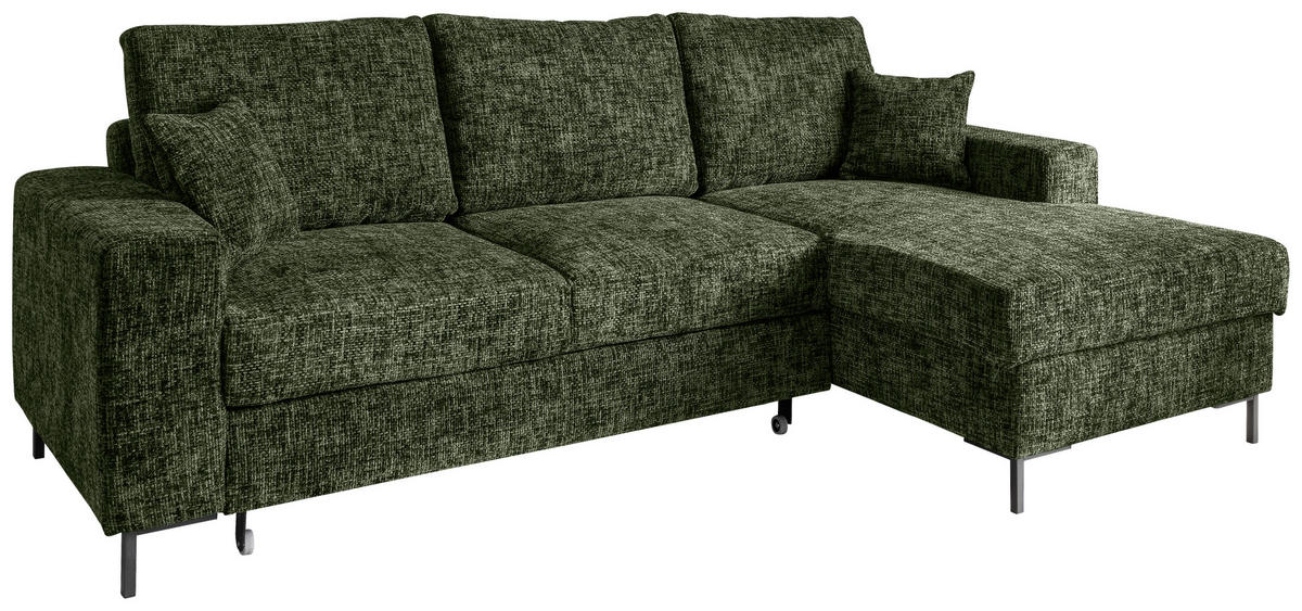 ECKSCHLAFSOFA  mit Rücken echt Struktur Dunkelgrün  - Dunkelgrün/Schwarz, KONVENTIONELL, Textil/Metall (237/143cm) - Livetastic