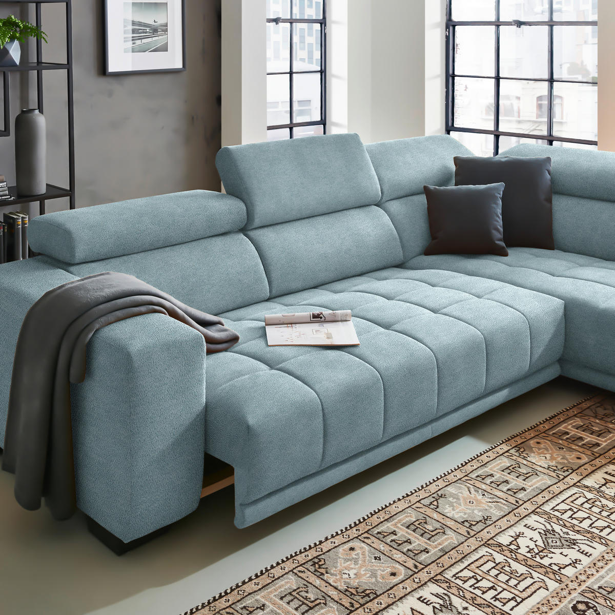 ECKSOFA in Mikrofaser Hellblau  301/207 cm  - Schwarz/Hellblau, Design, Textil/Metall (301/207cm) - Xora