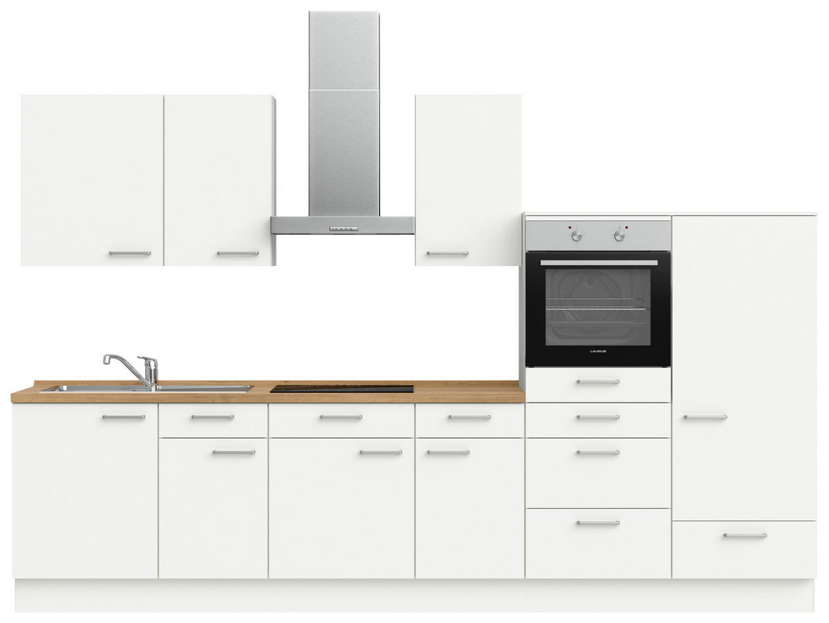 KÜCHENBLOCK 330 cm   in Weiß, Eichefarben  - Edelstahlfarben/Eichefarben, MODERN, Holzwerkstoff/Metall (330cm) - Nobilia